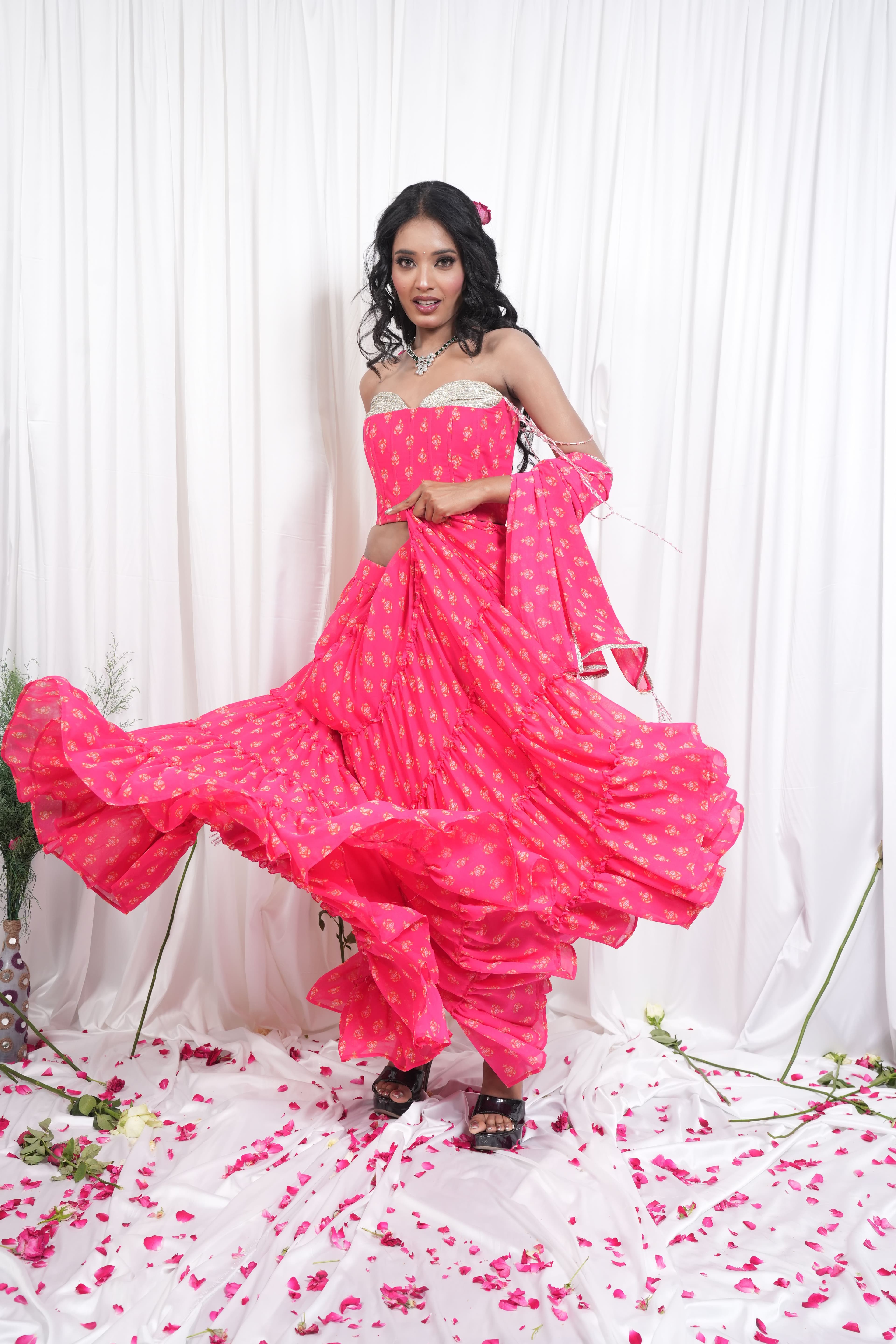 Pink Floral Printed Lehenga & Crop Top Set 4