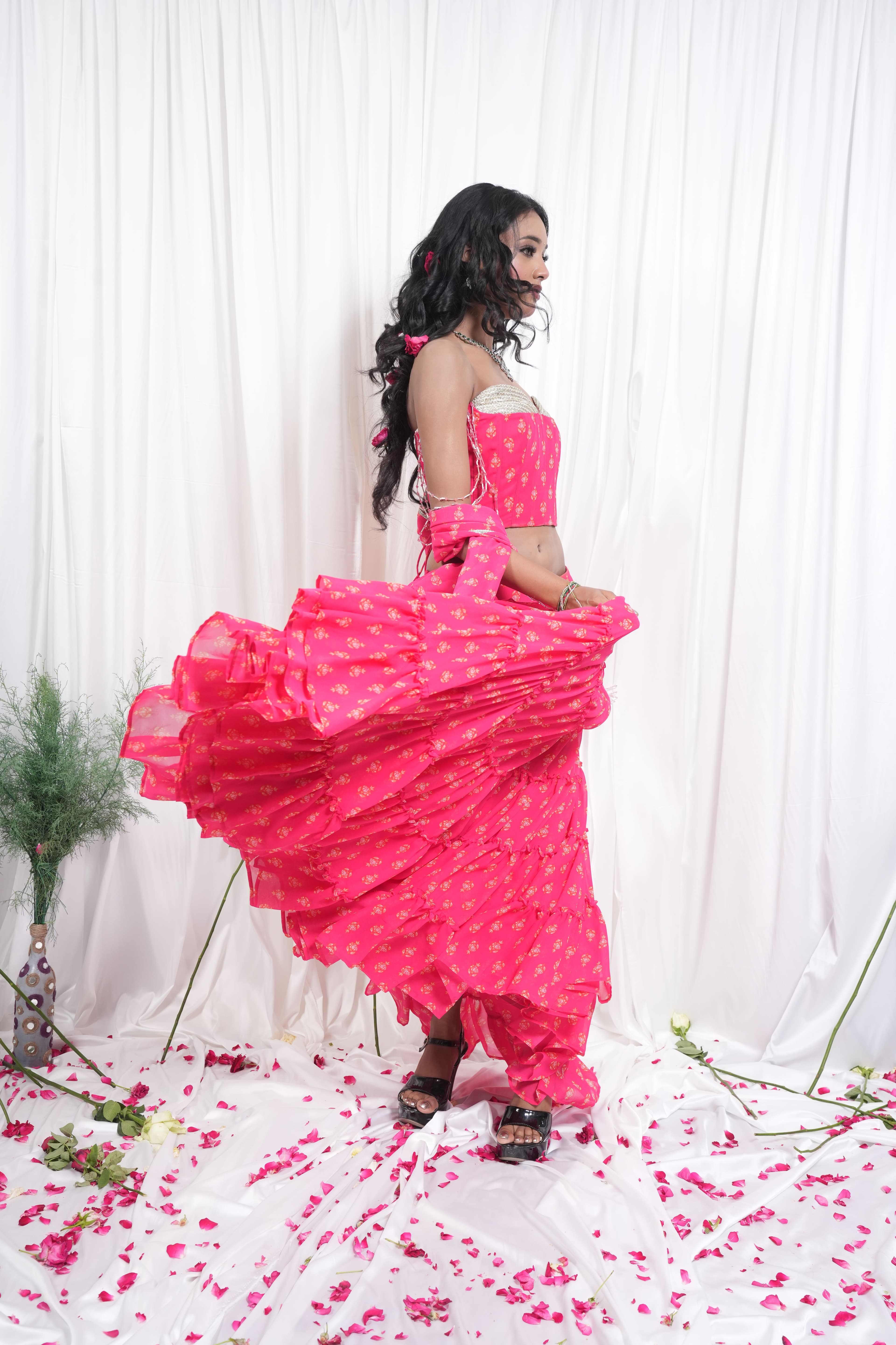 Pink Floral Printed Lehenga & Crop Top Set 9