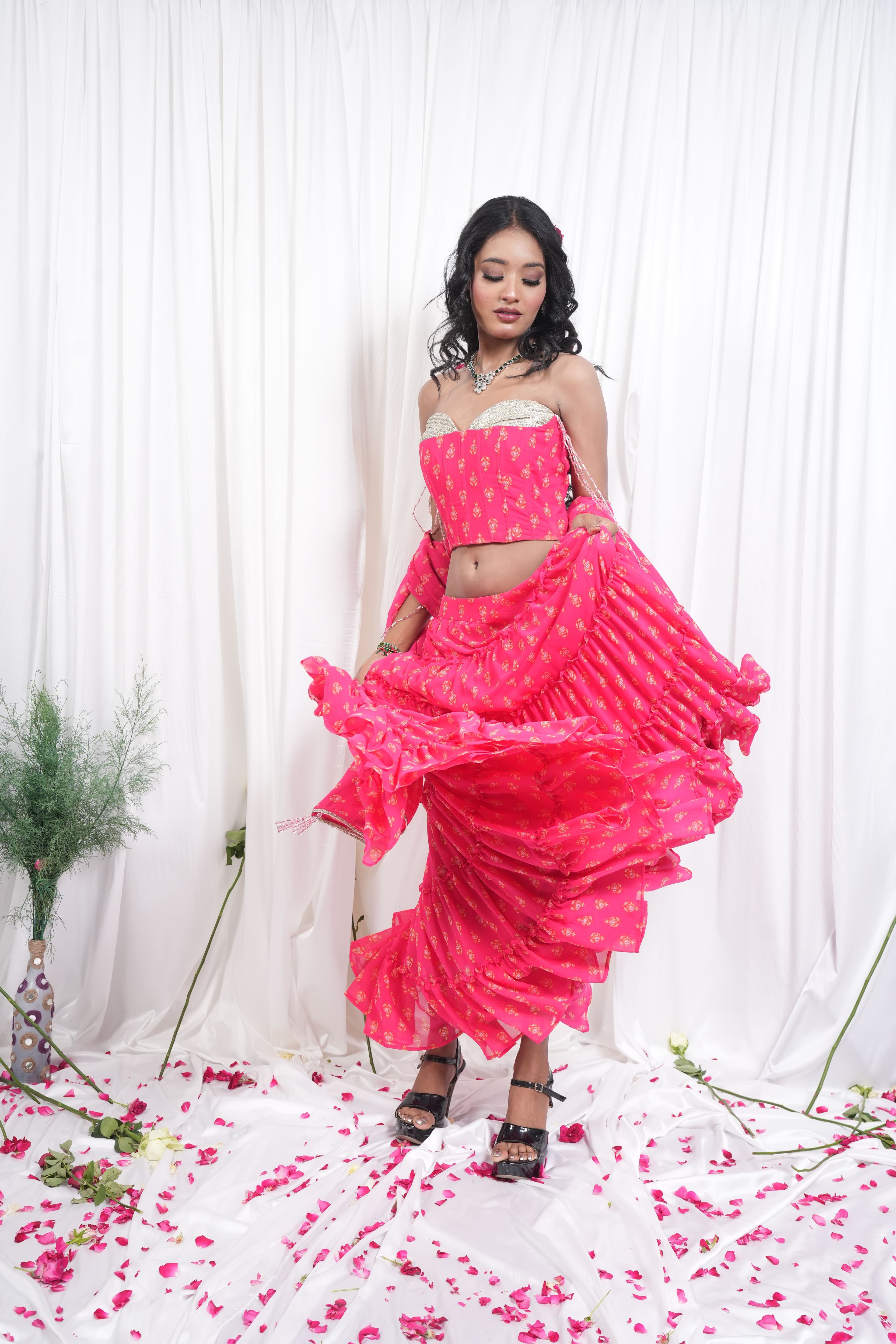 Pink Floral Printed Lehenga & Crop Top Set 8