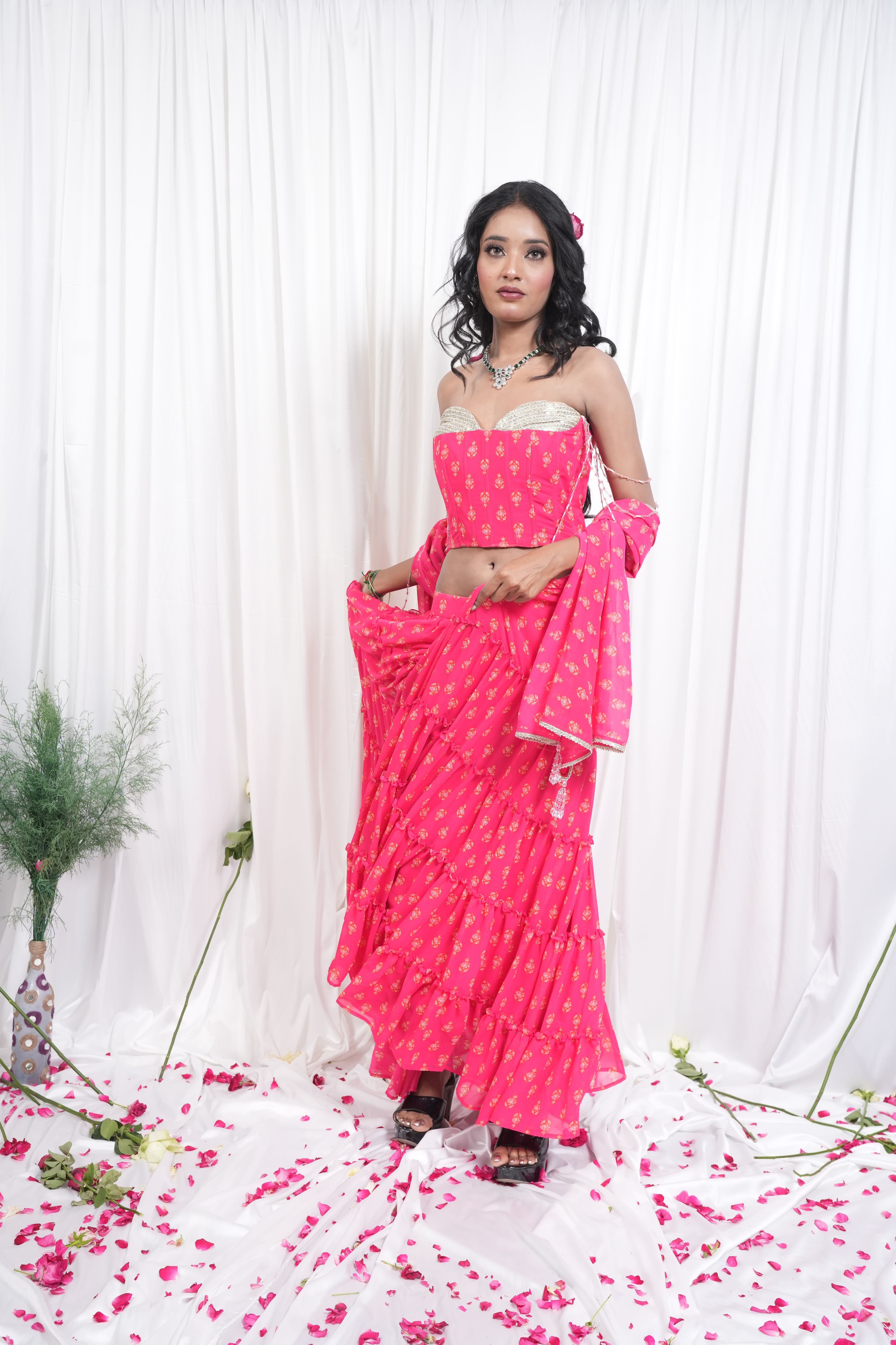 Pink Floral Printed Lehenga & Crop Top Set 7