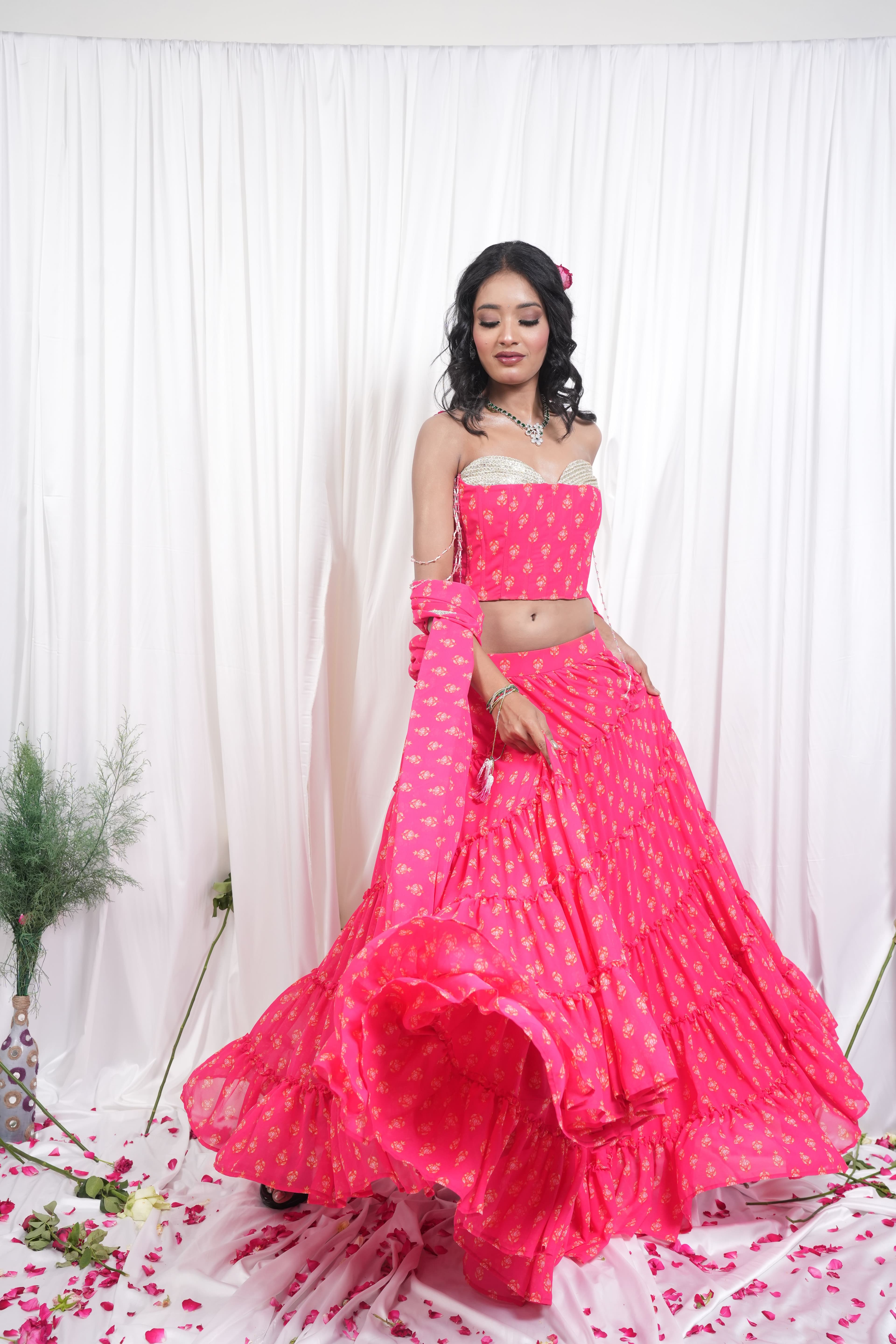 Pink Floral Printed Lehenga & Crop Top Set 6