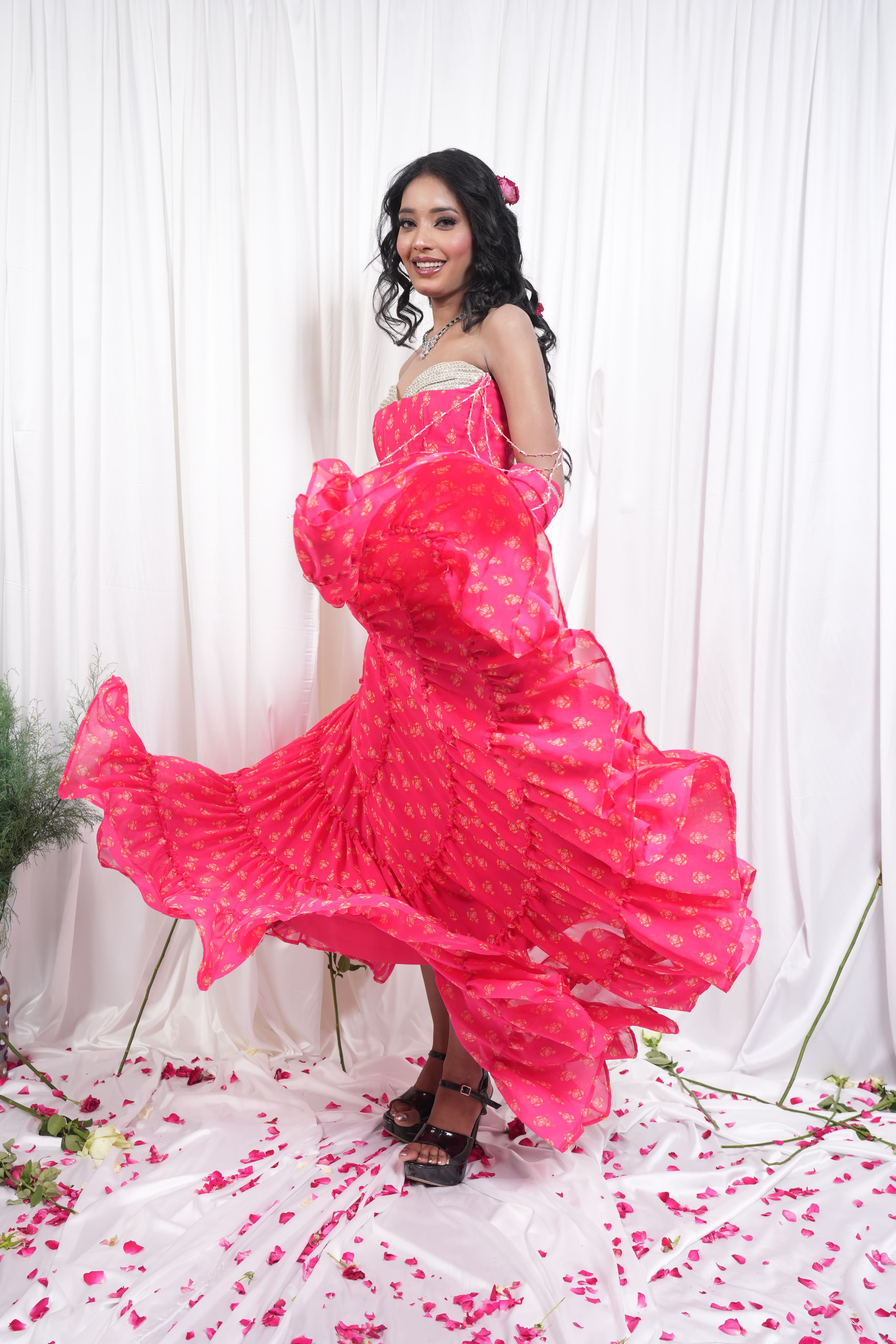 Pink Floral Printed Lehenga & Crop Top Set 11