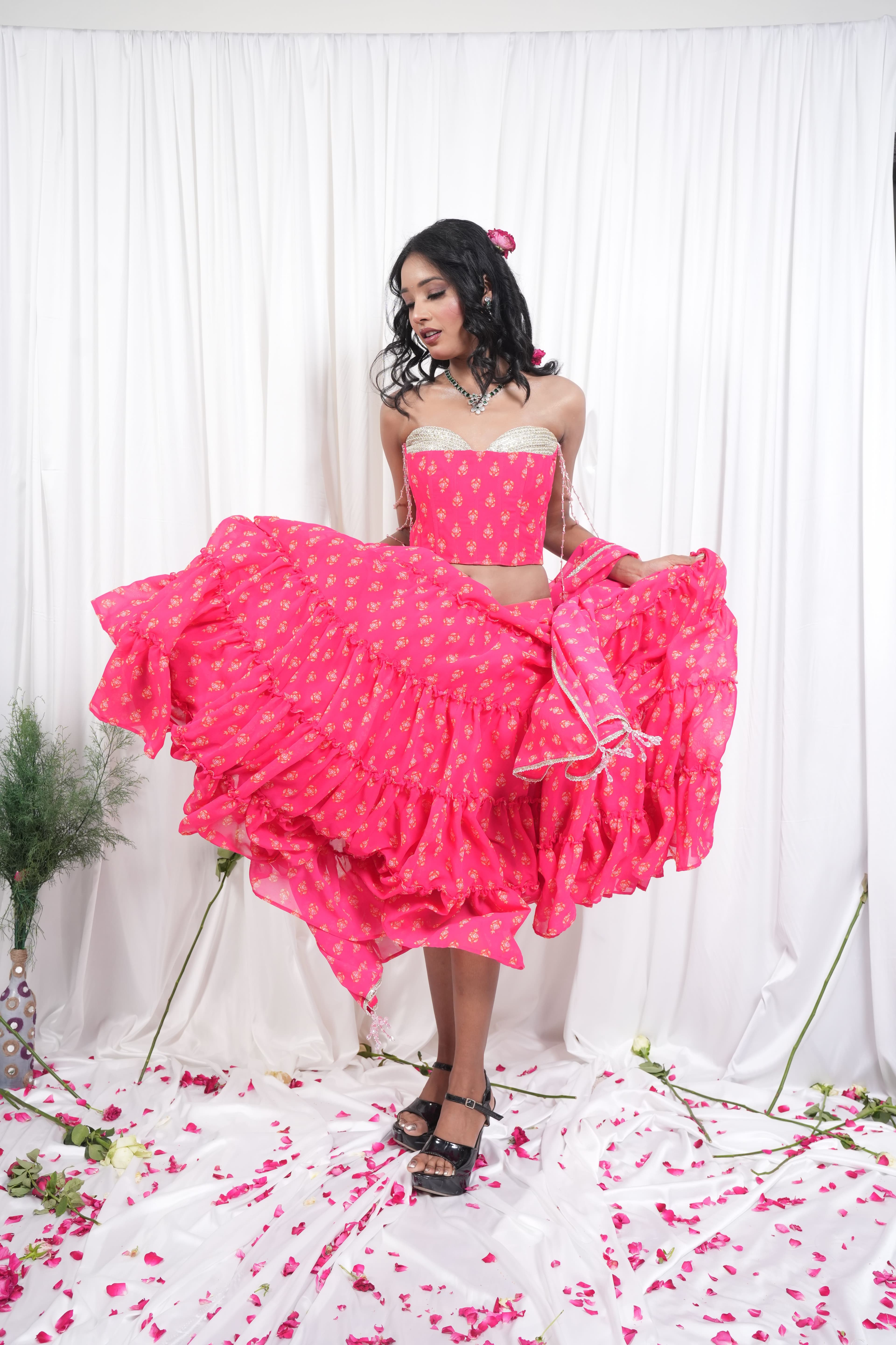 Pink Floral Printed Lehenga & Crop Top Set 5