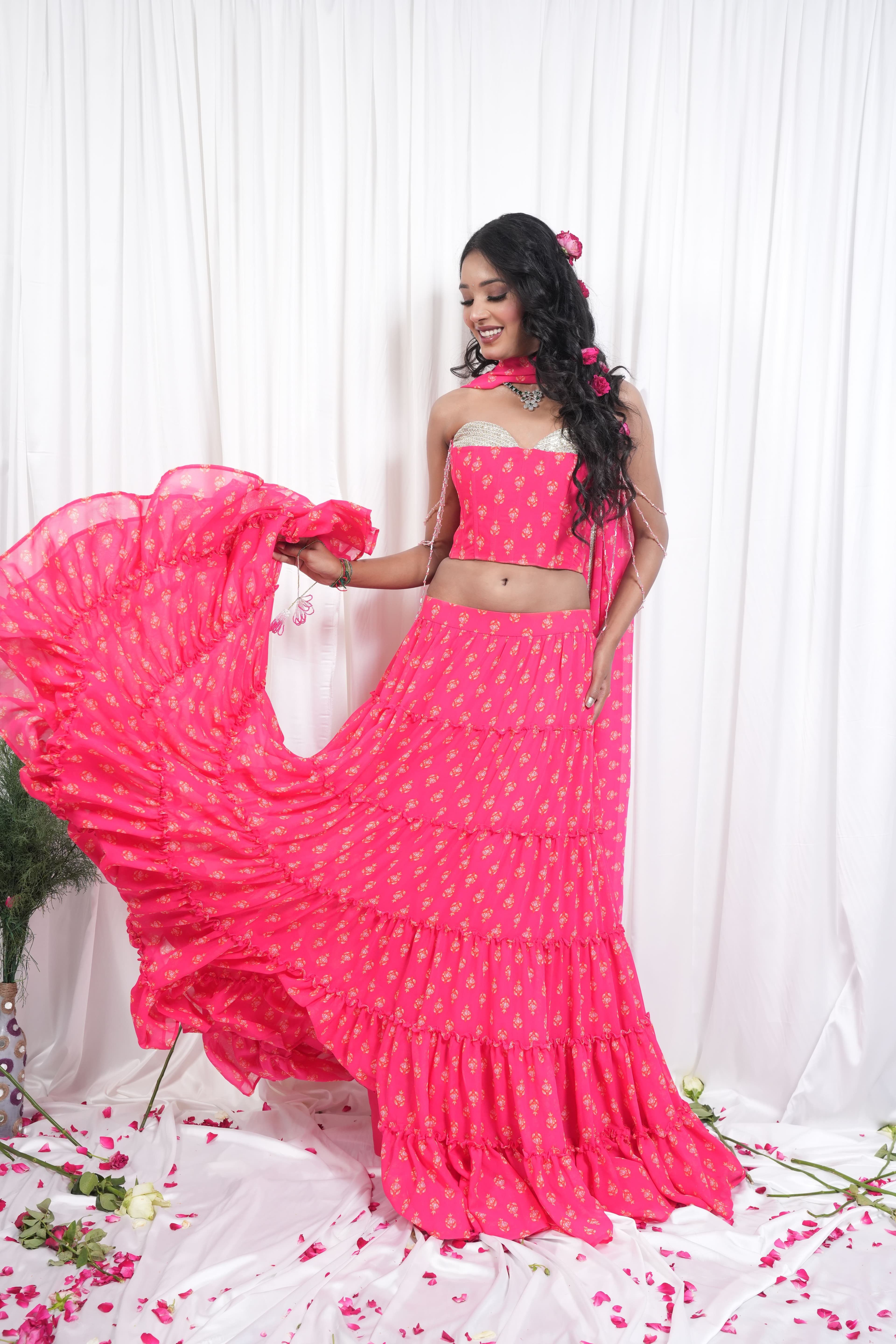 Pink Floral Printed Lehenga & Crop Top Set 3