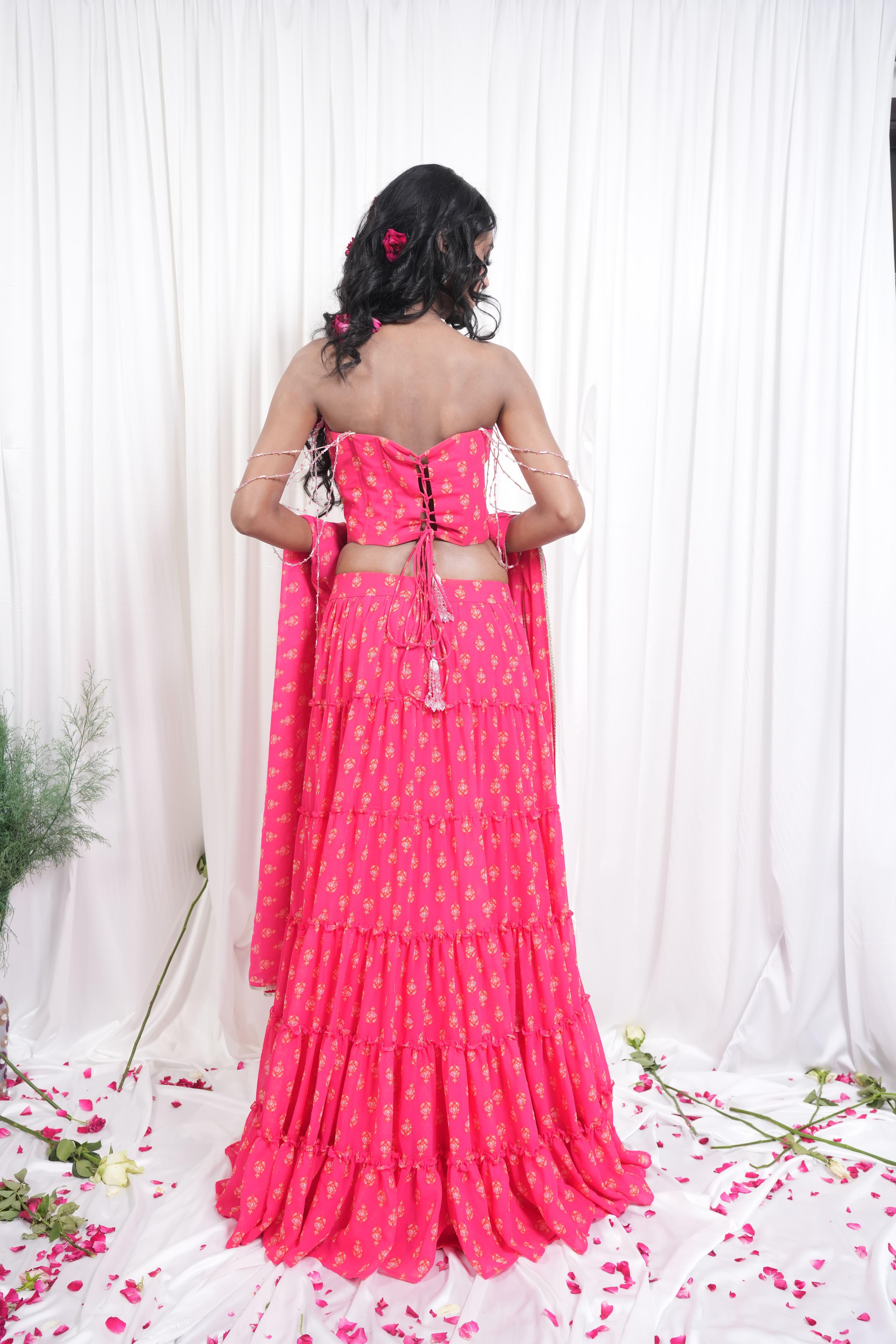 Pink Floral Printed Lehenga & Crop Top Set 10