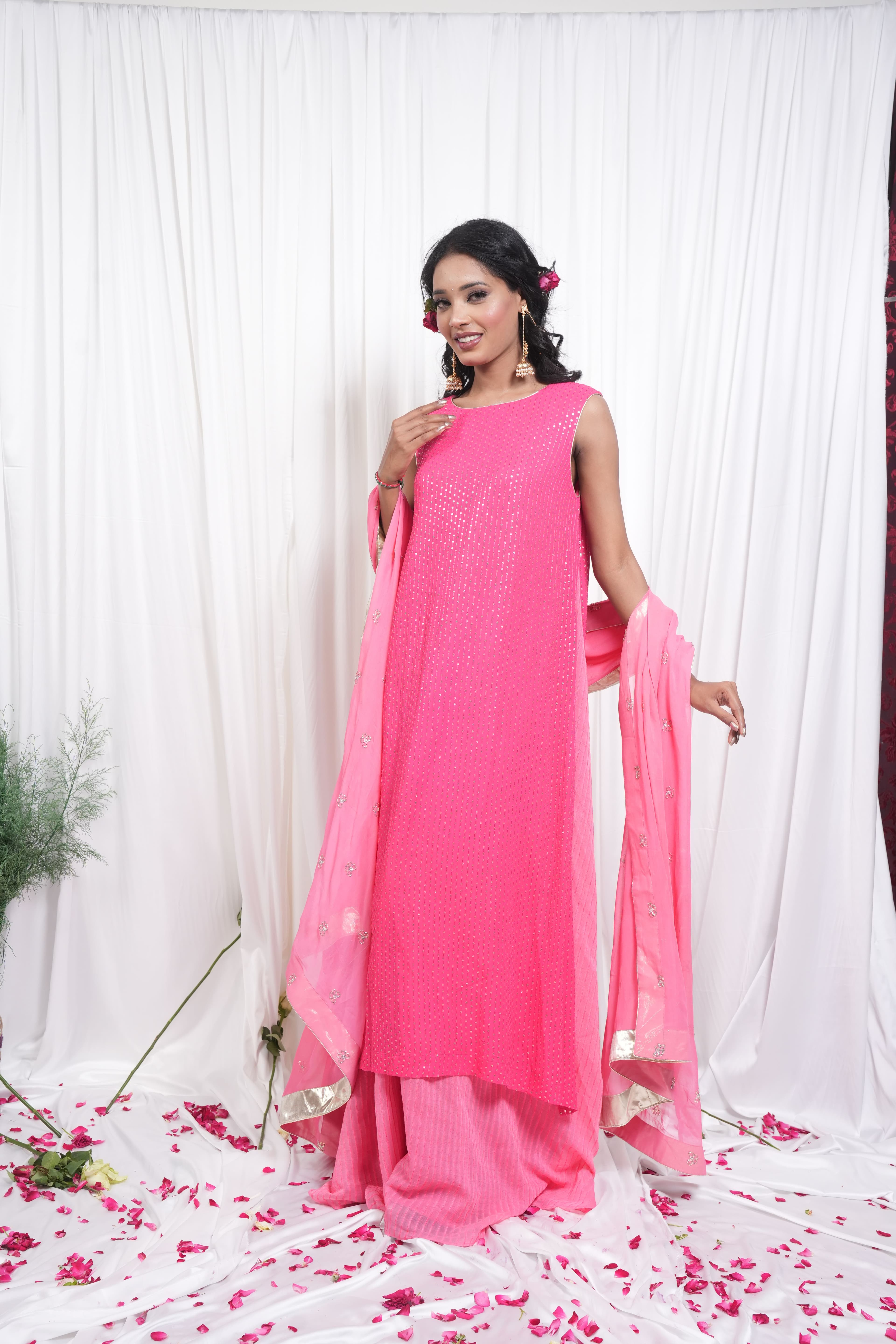 Bright Pink Embroidered Straight Suit Set 4