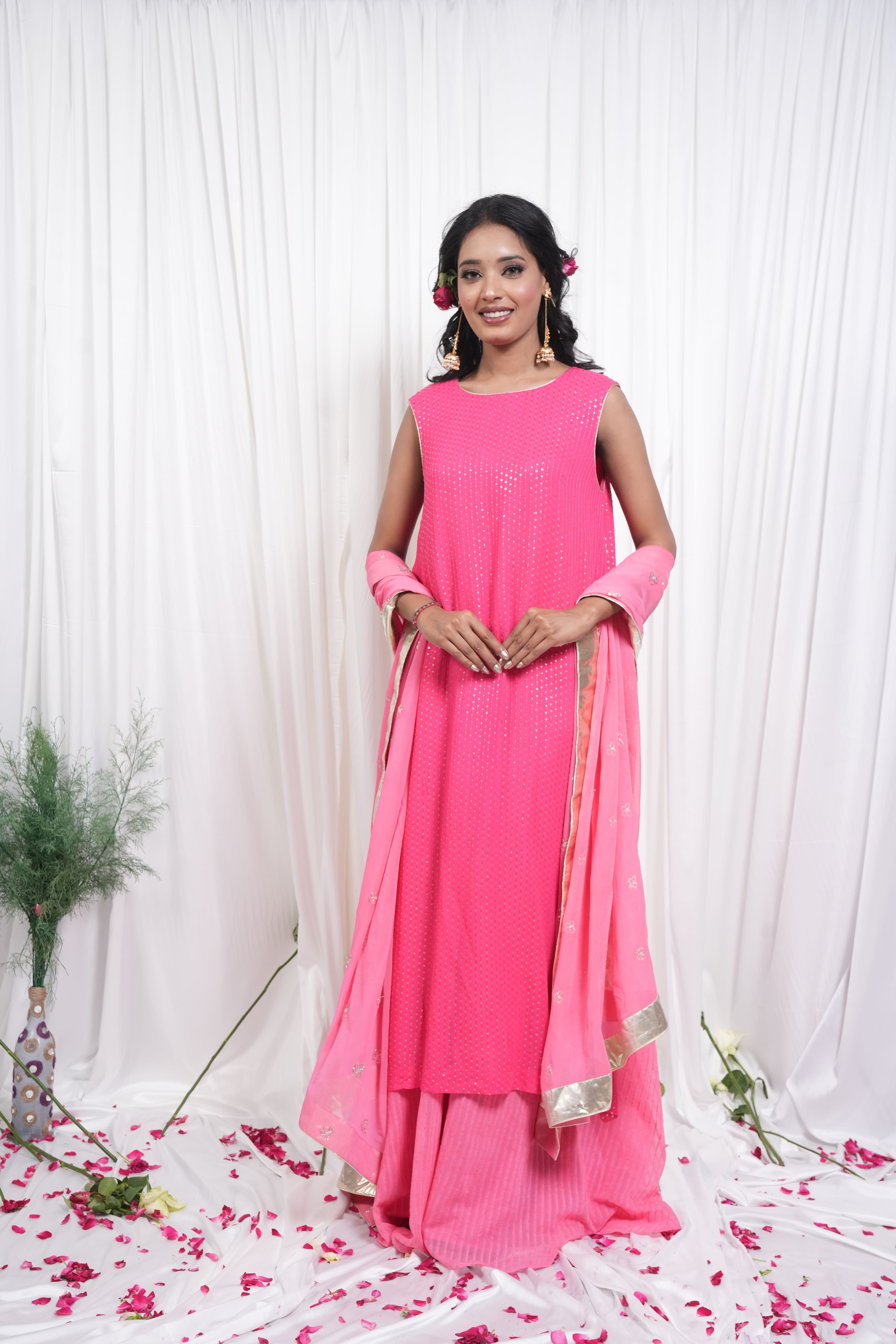 Bright Pink Embroidered Straight Suit Set 3