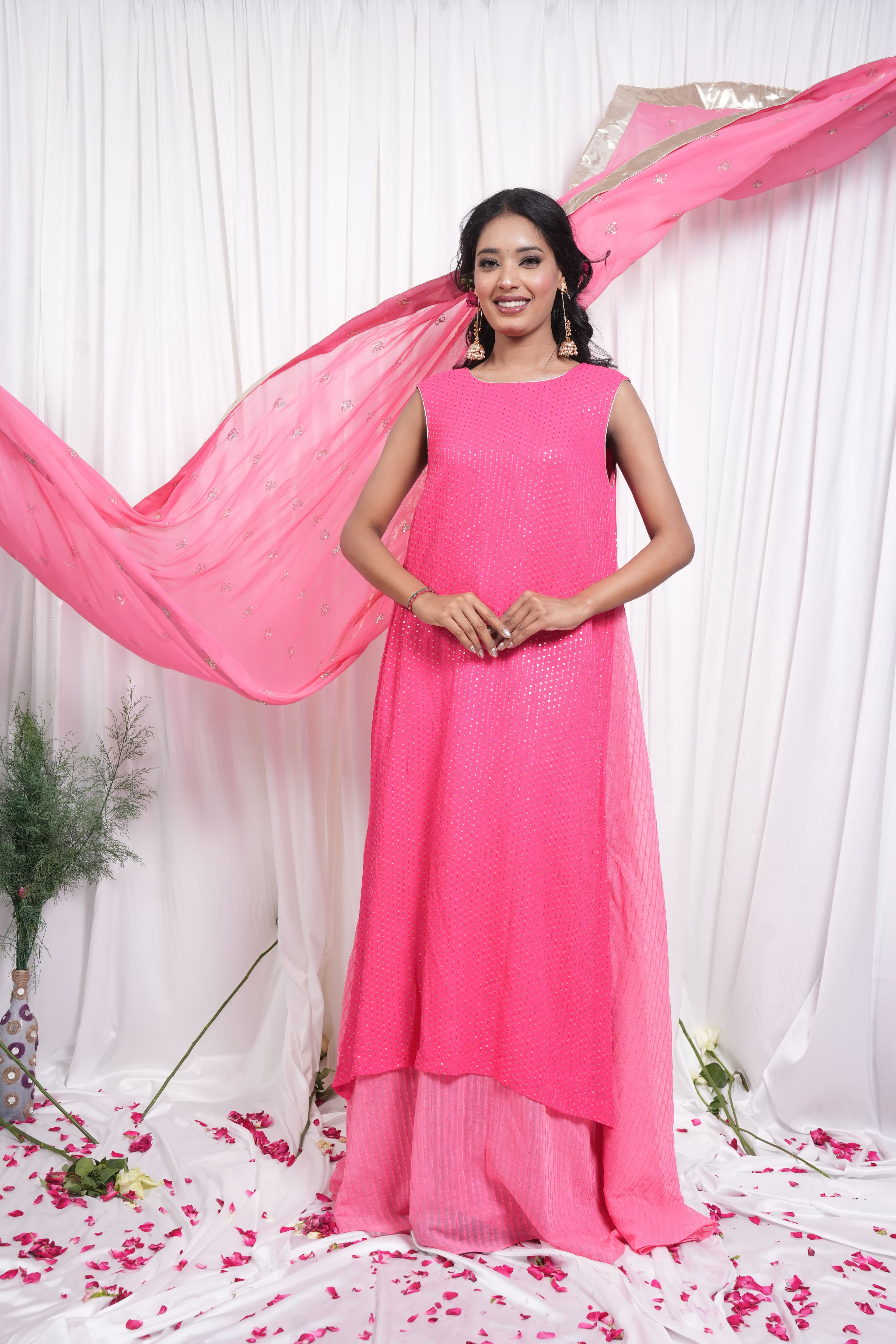 Bright Pink Embroidered Straight Suit Set 2