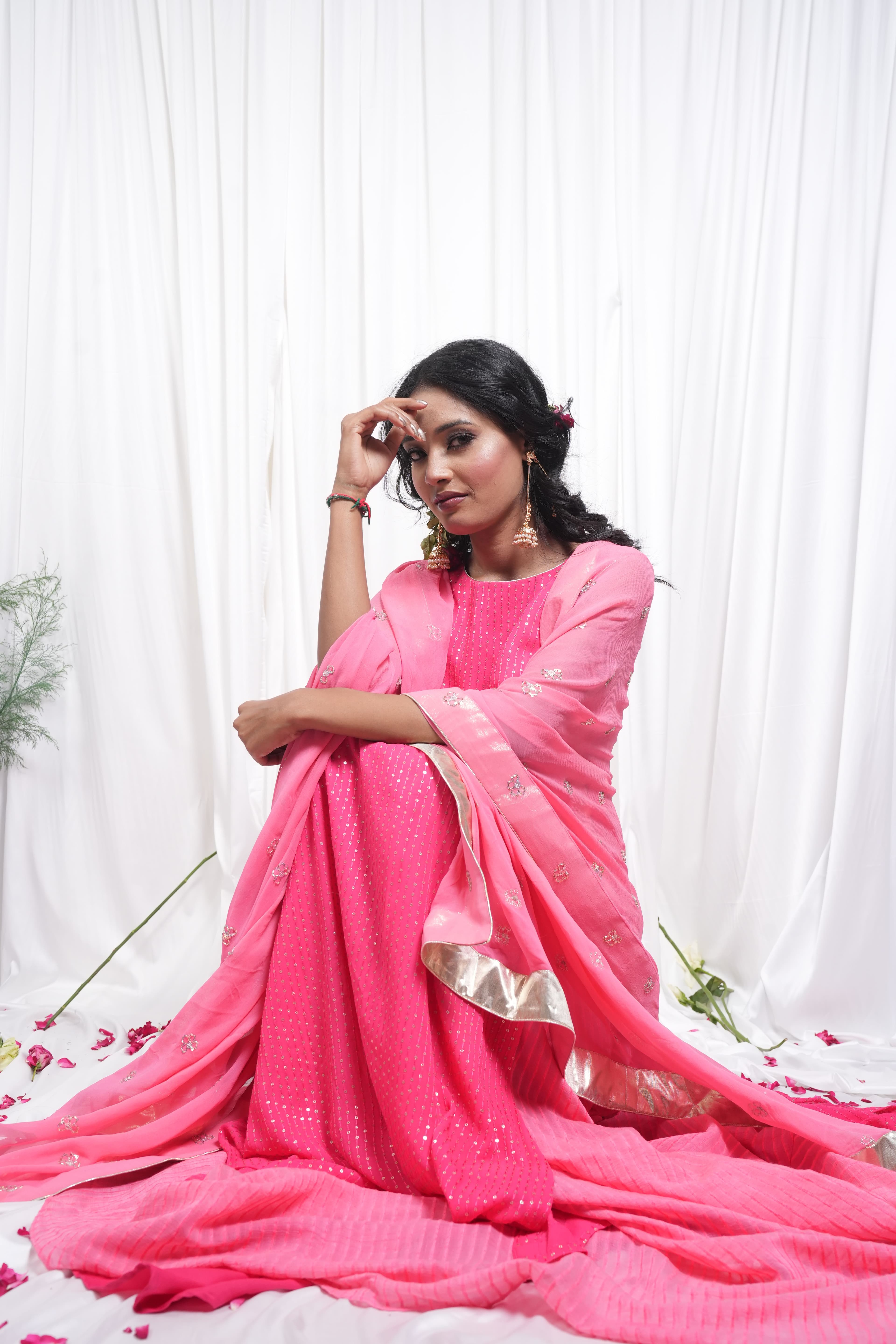 Bright Pink Embroidered Straight Suit Set 7