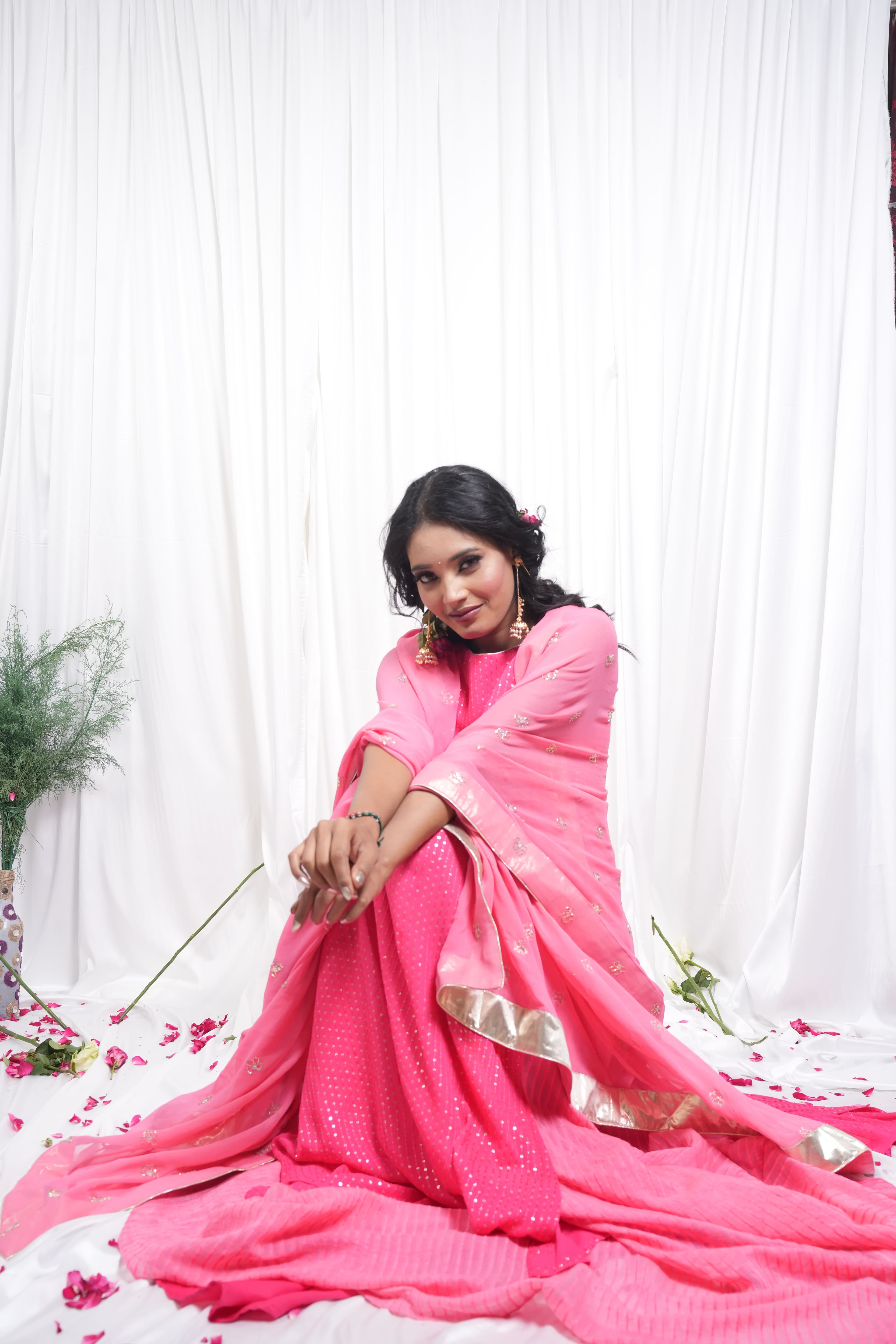 Bright Pink Embroidered Straight Suit Set 6