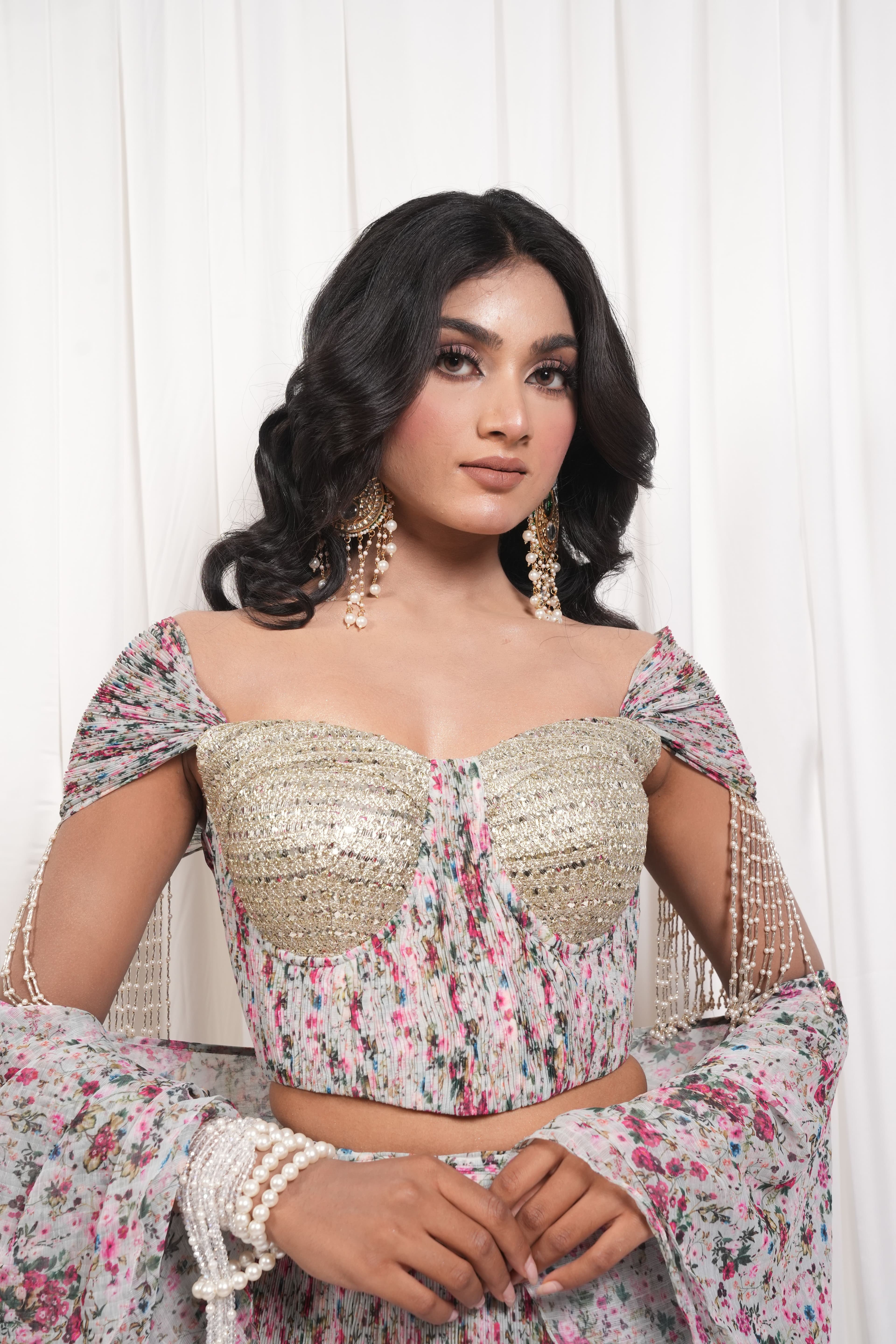 Multicolour Floral Printed Tiered Lehenga Set 8