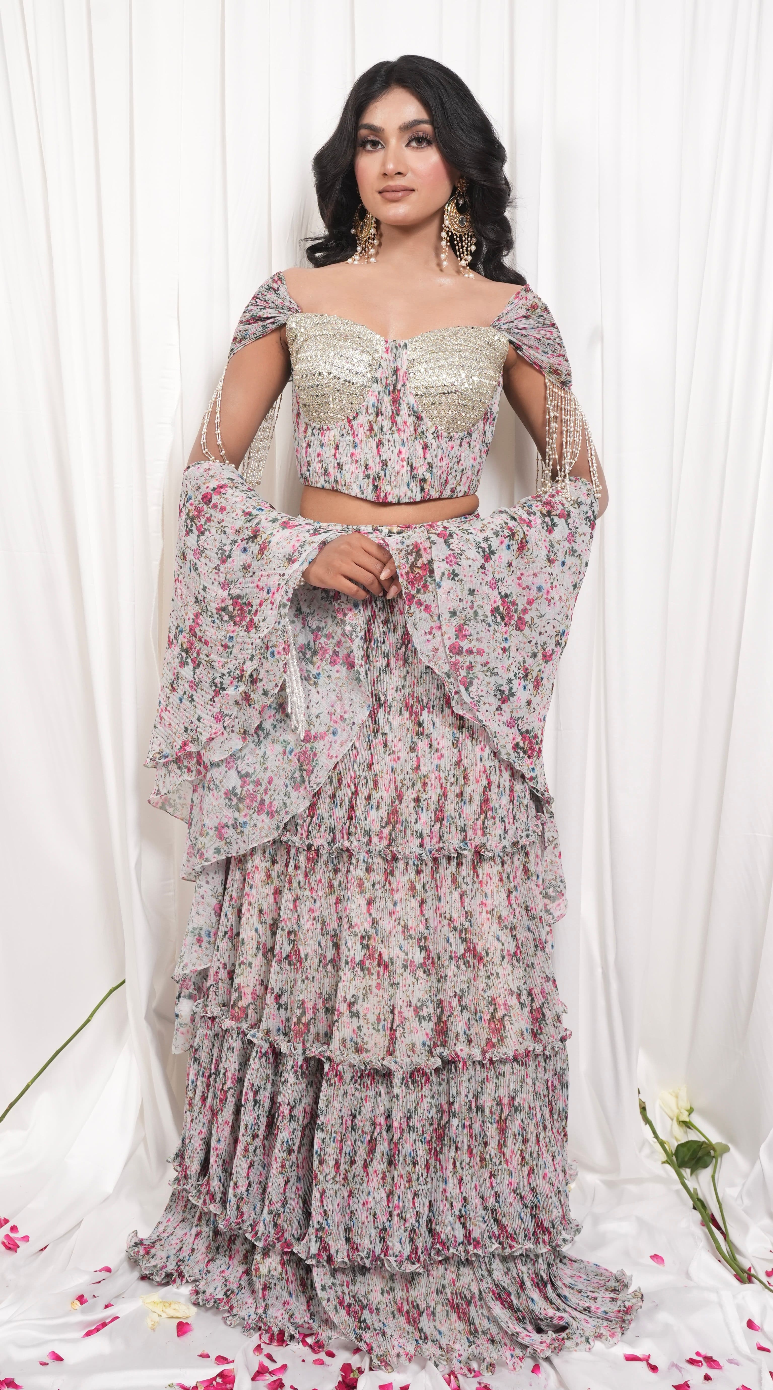 Multicolour Floral Printed Tiered Lehenga Set 3