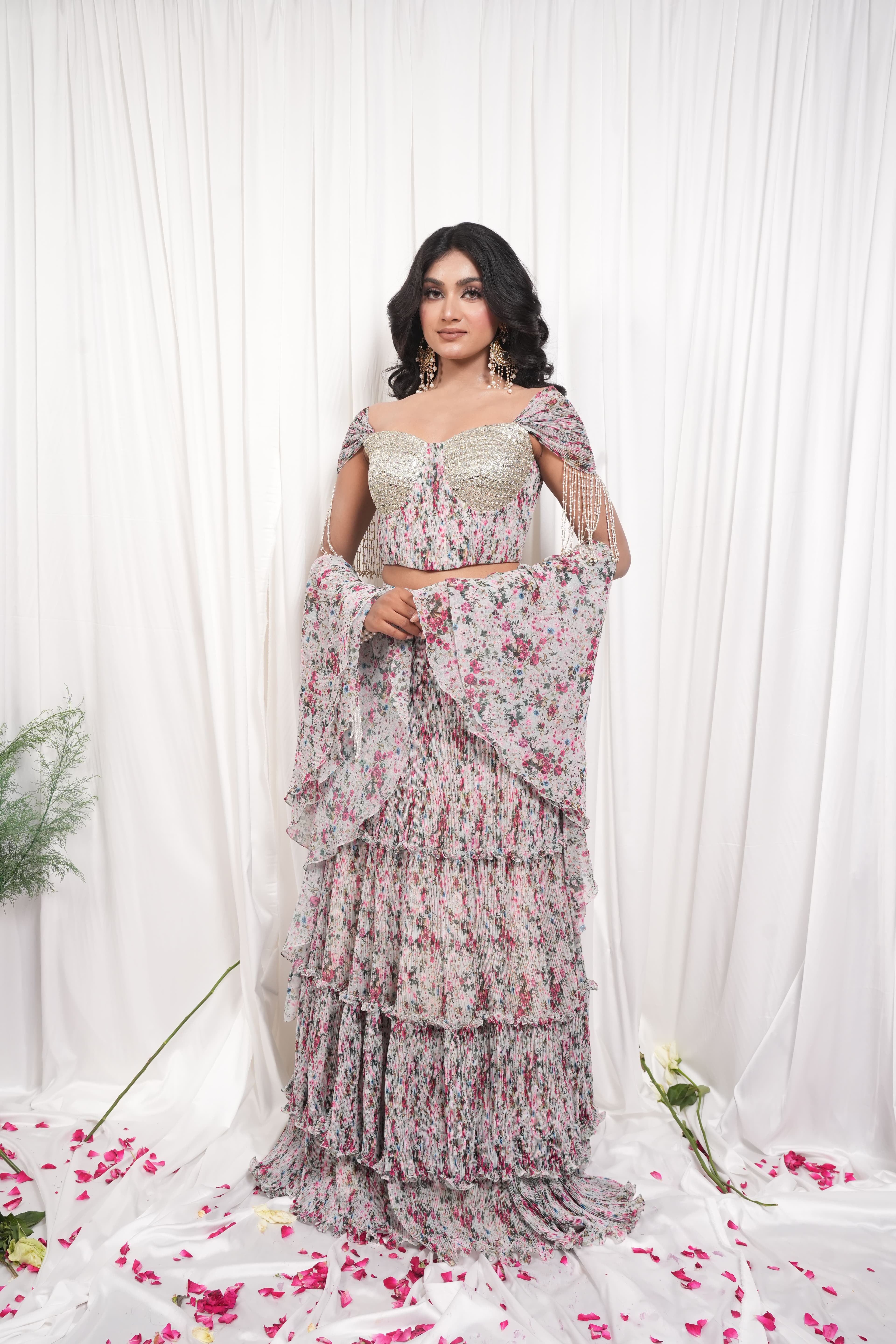 Multicolour Floral Printed Tiered Lehenga Set 4