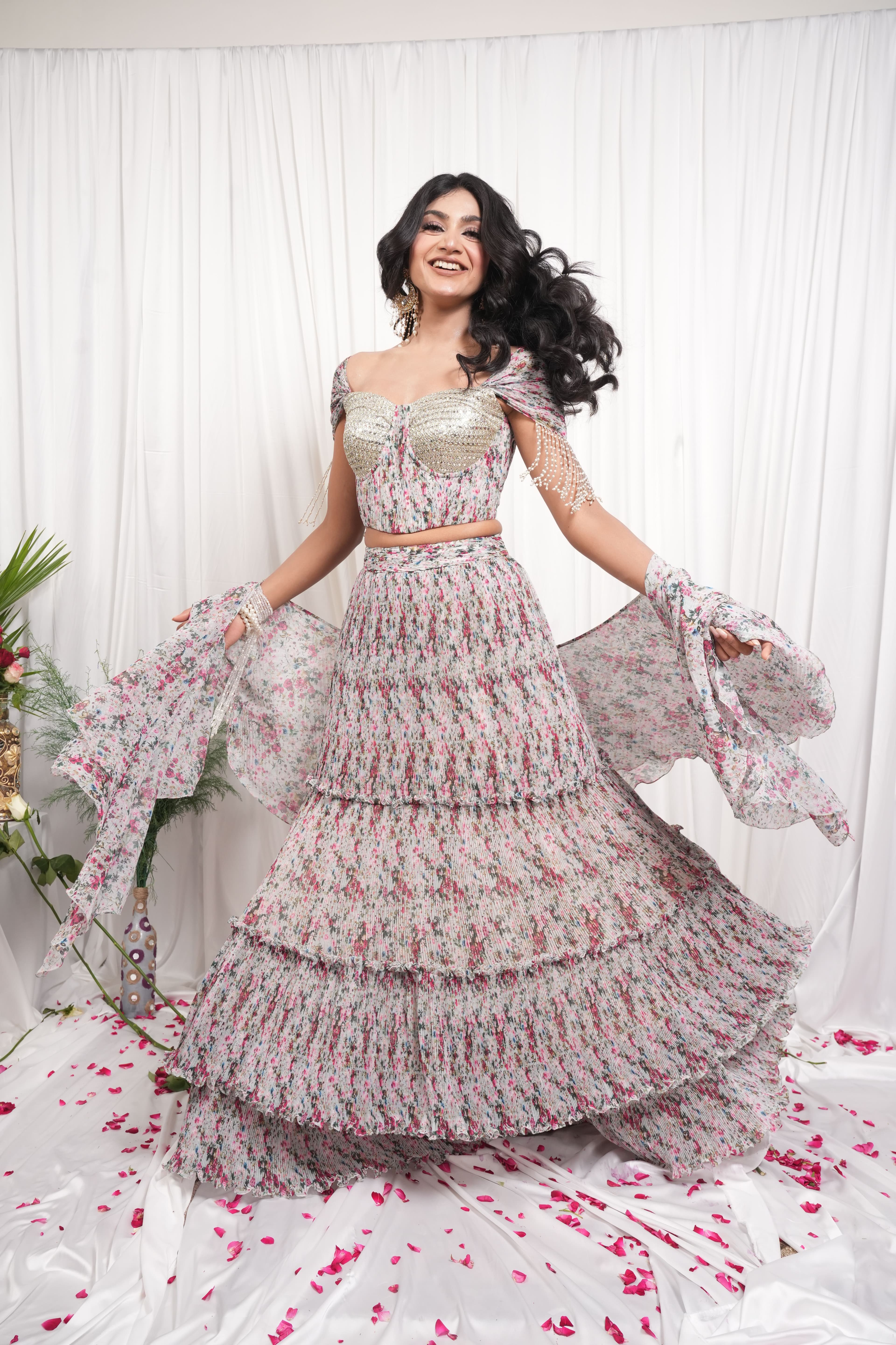 Multicolour Floral Printed Tiered Lehenga Set 5