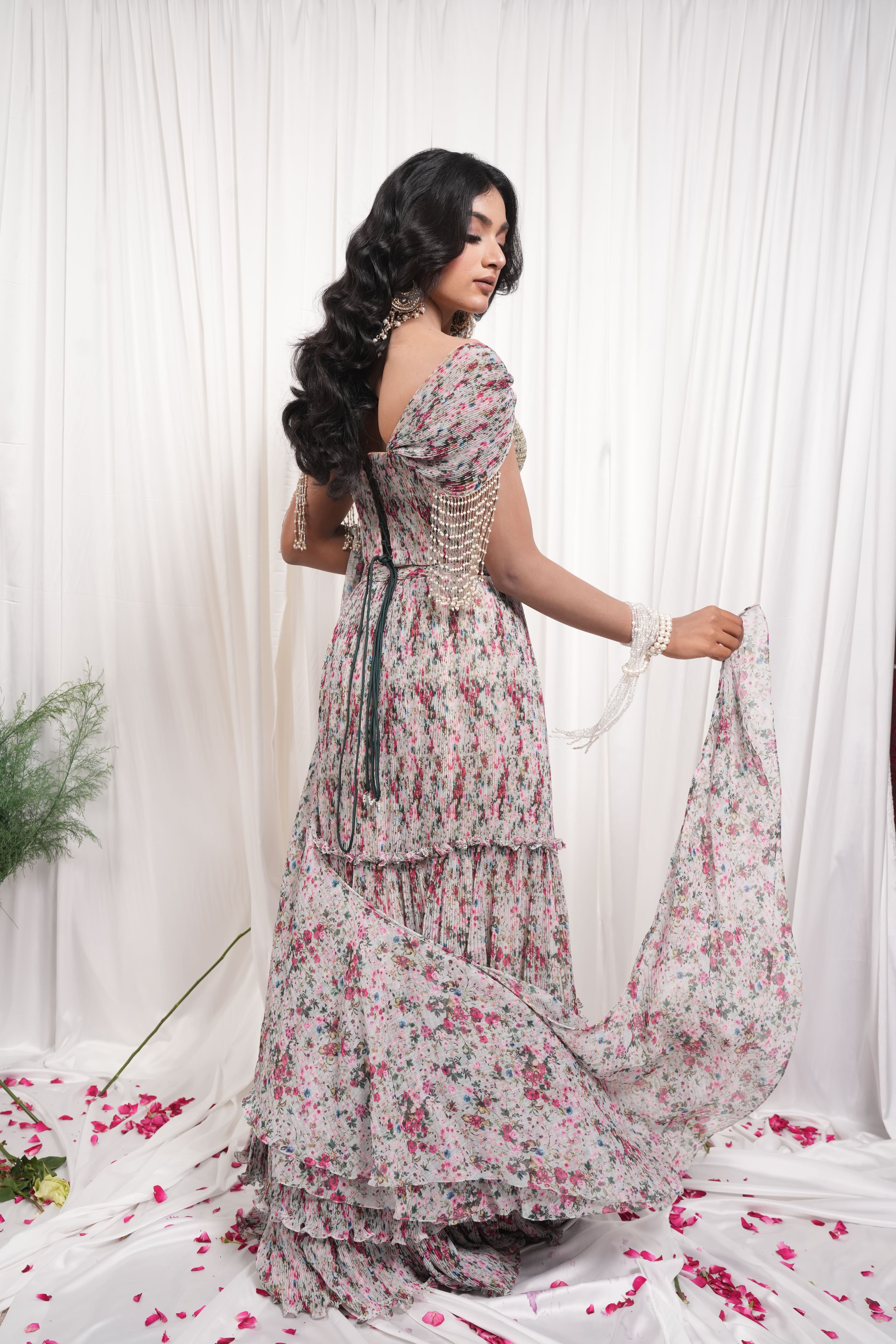 Multicolour Floral Printed Tiered Lehenga Set 6