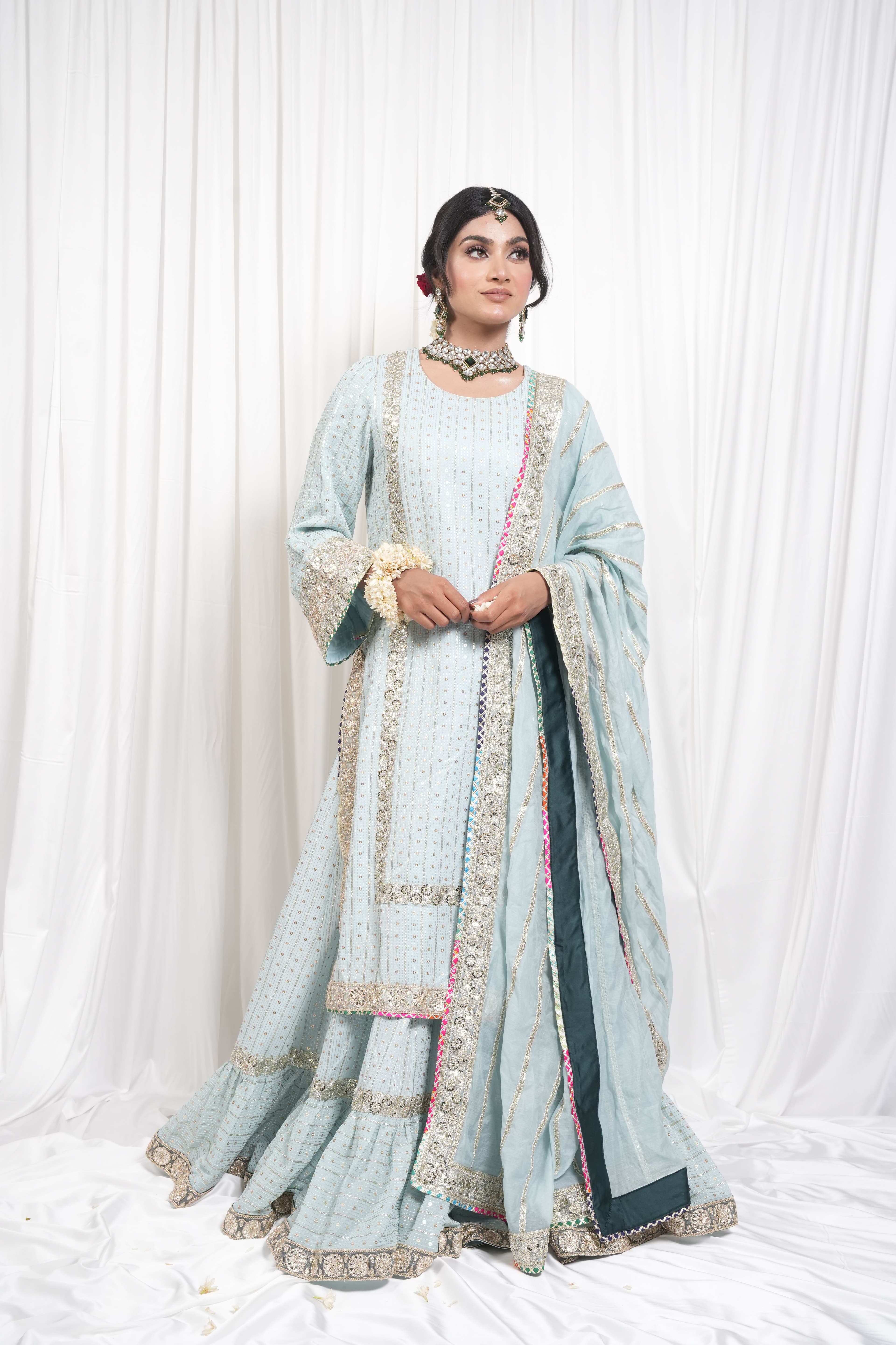 Ice Blue Embroidered Sharara Suit Set 6