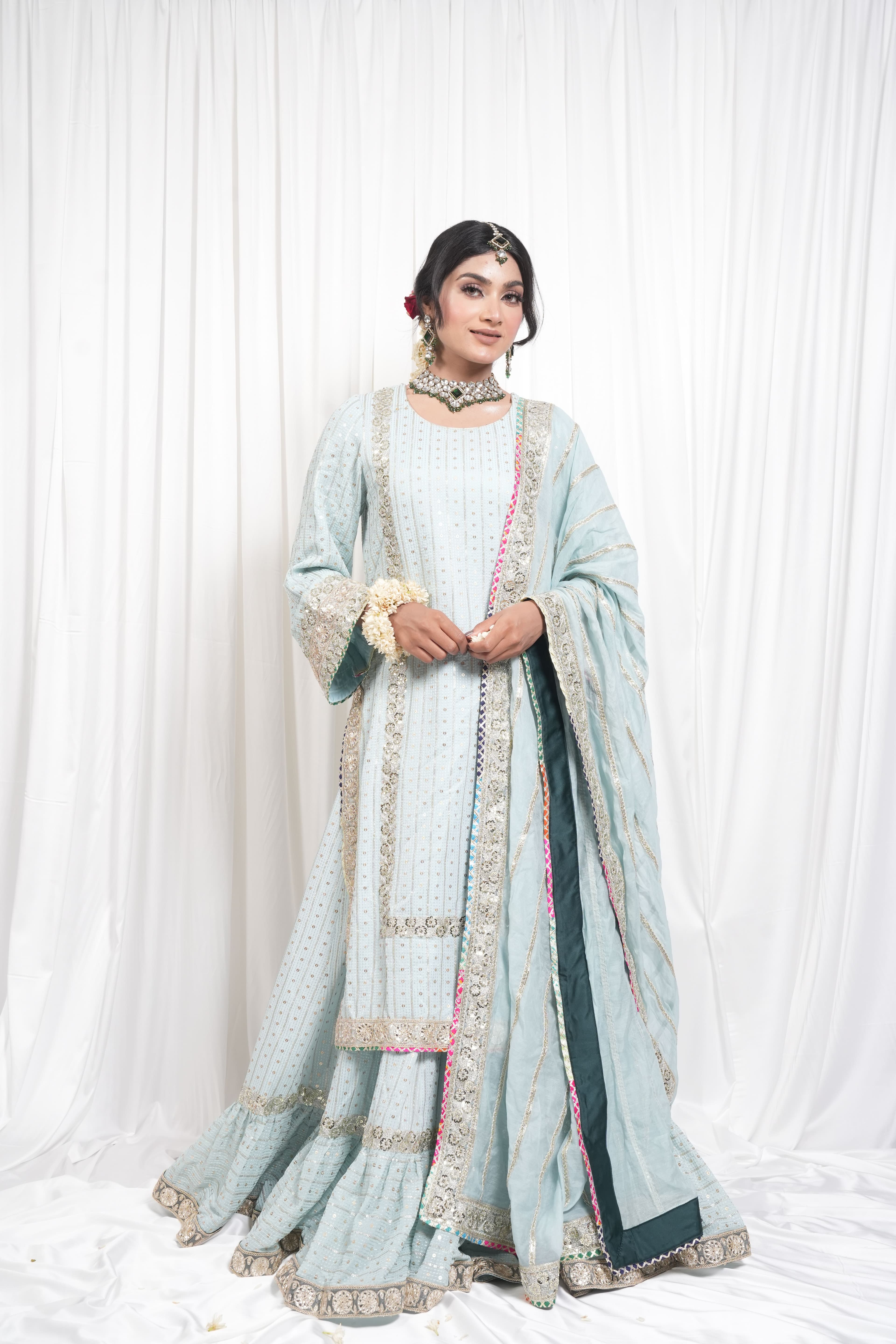 Ice Blue Embroidered Sharara Suit Set 4