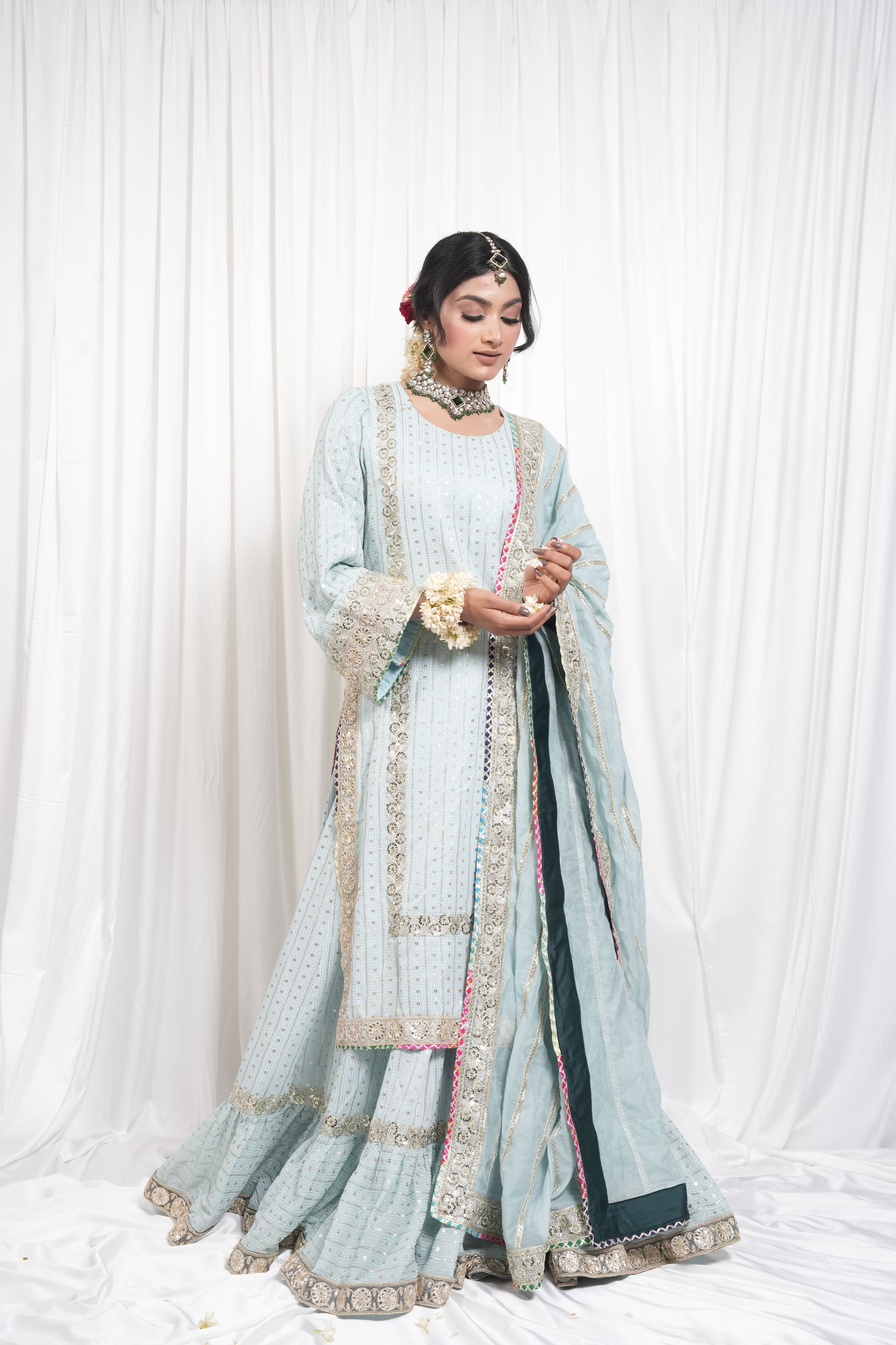 Ice Blue Embroidered Sharara Suit Set 3