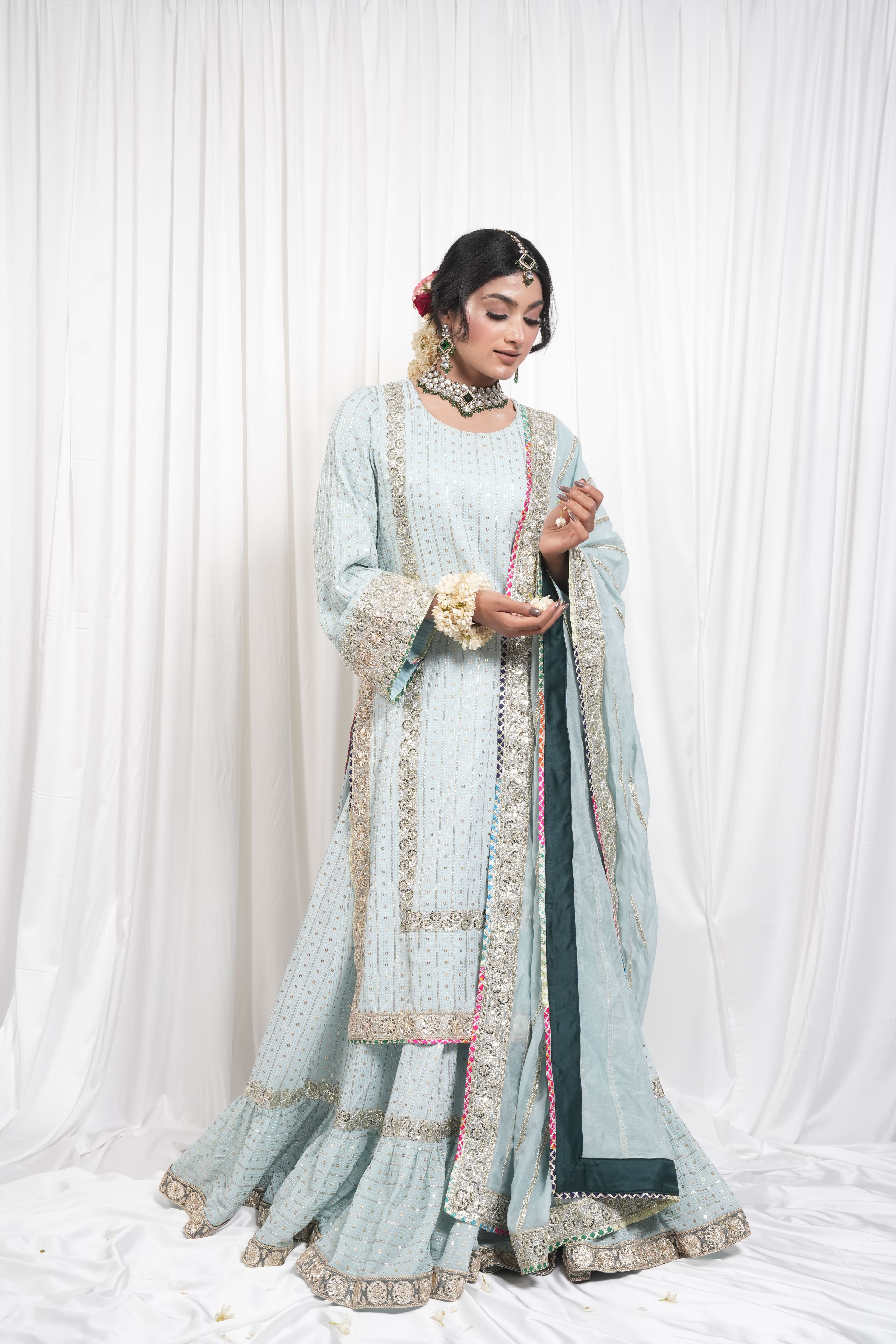 Ice Blue Embroidered Sharara Suit Set 2