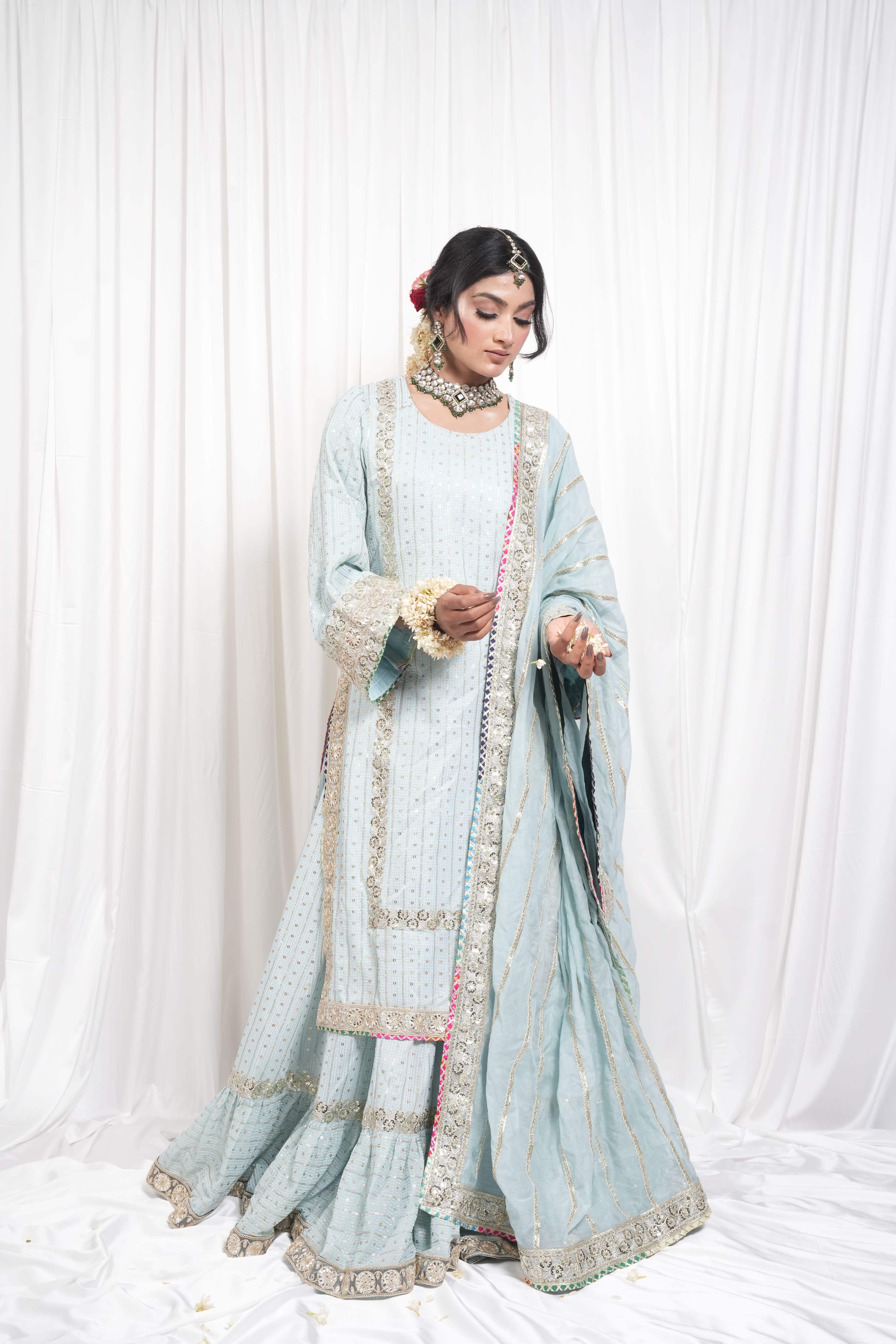 Ice Blue Embroidered Sharara Suit Set 7