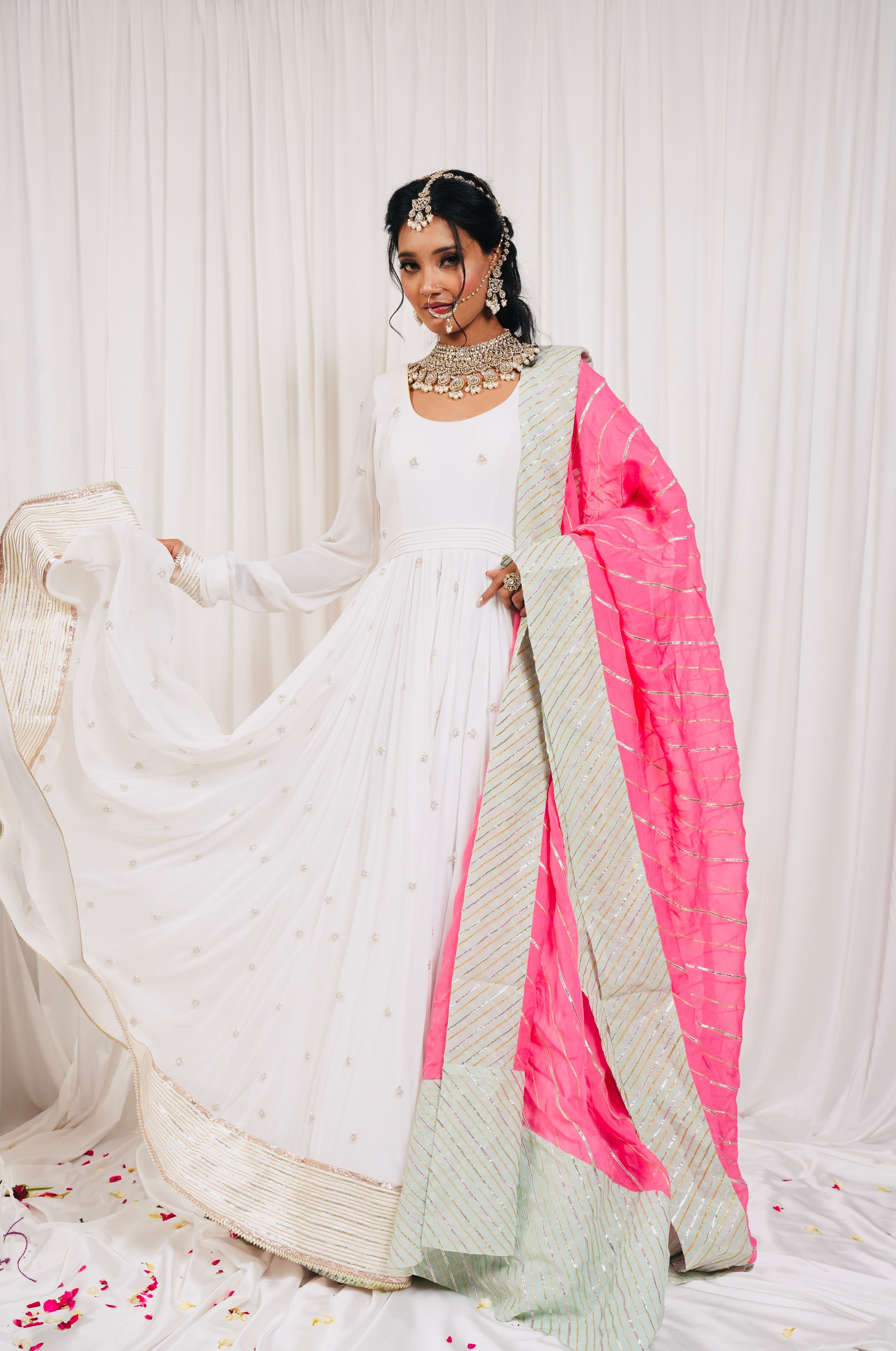 White Anarkali Suit with Hot Pink Dupatt 3