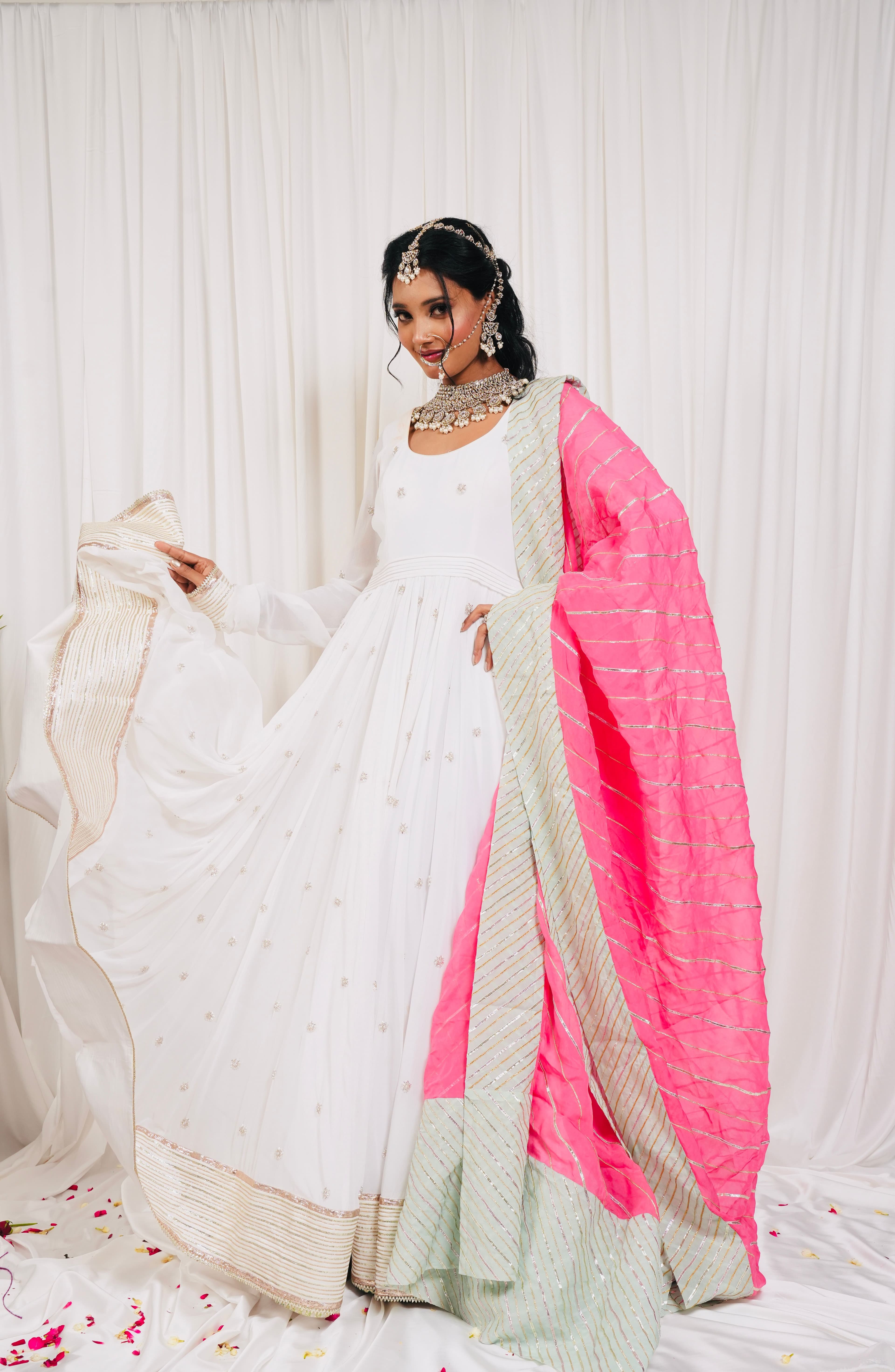 White Anarkali Suit with Hot Pink Dupatt 2