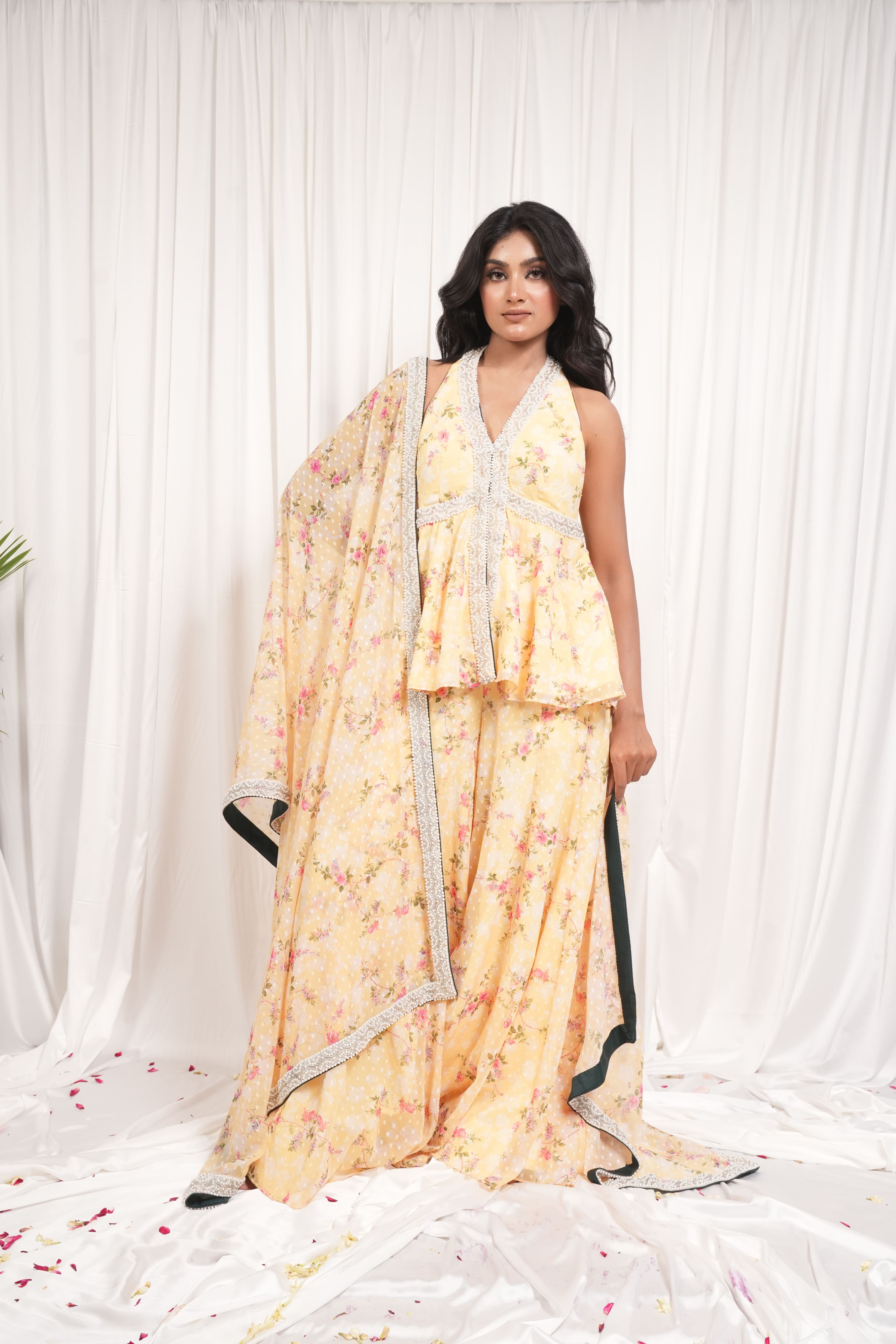 Sundari yellow hauter neck top and plazzo 2
