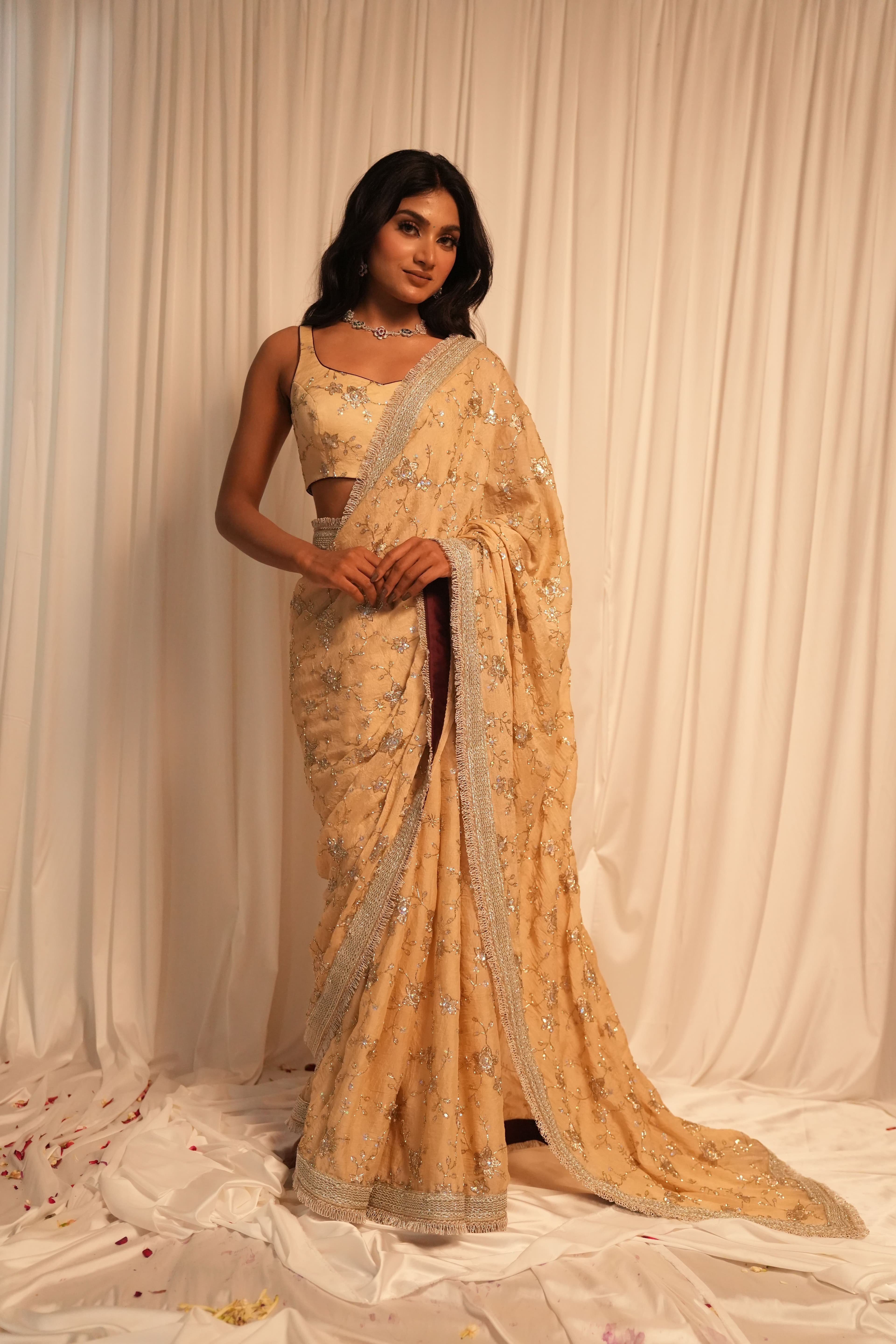 Creamy Peach Silver Work Saree 7