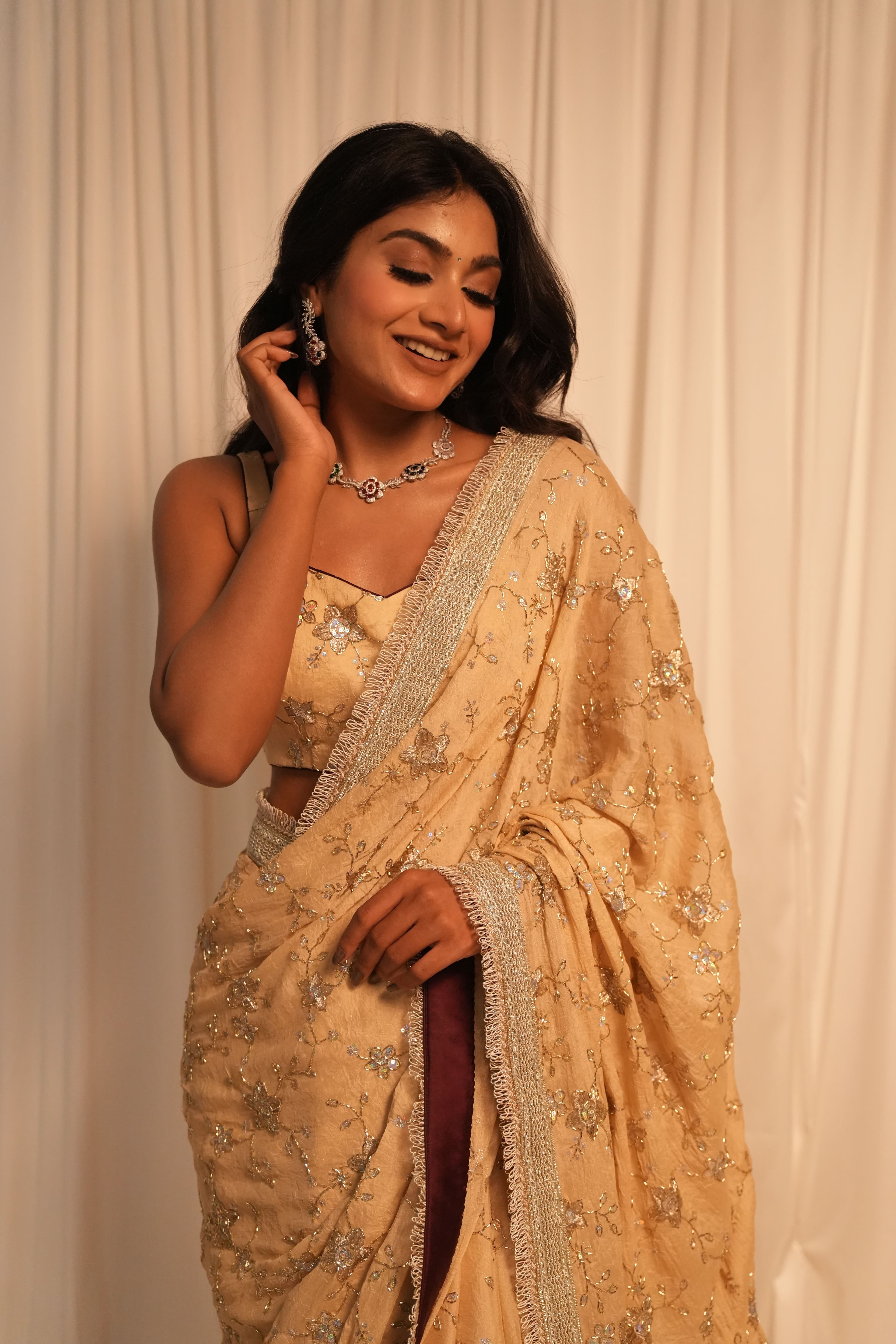 Creamy Peach Silver Work Saree 4