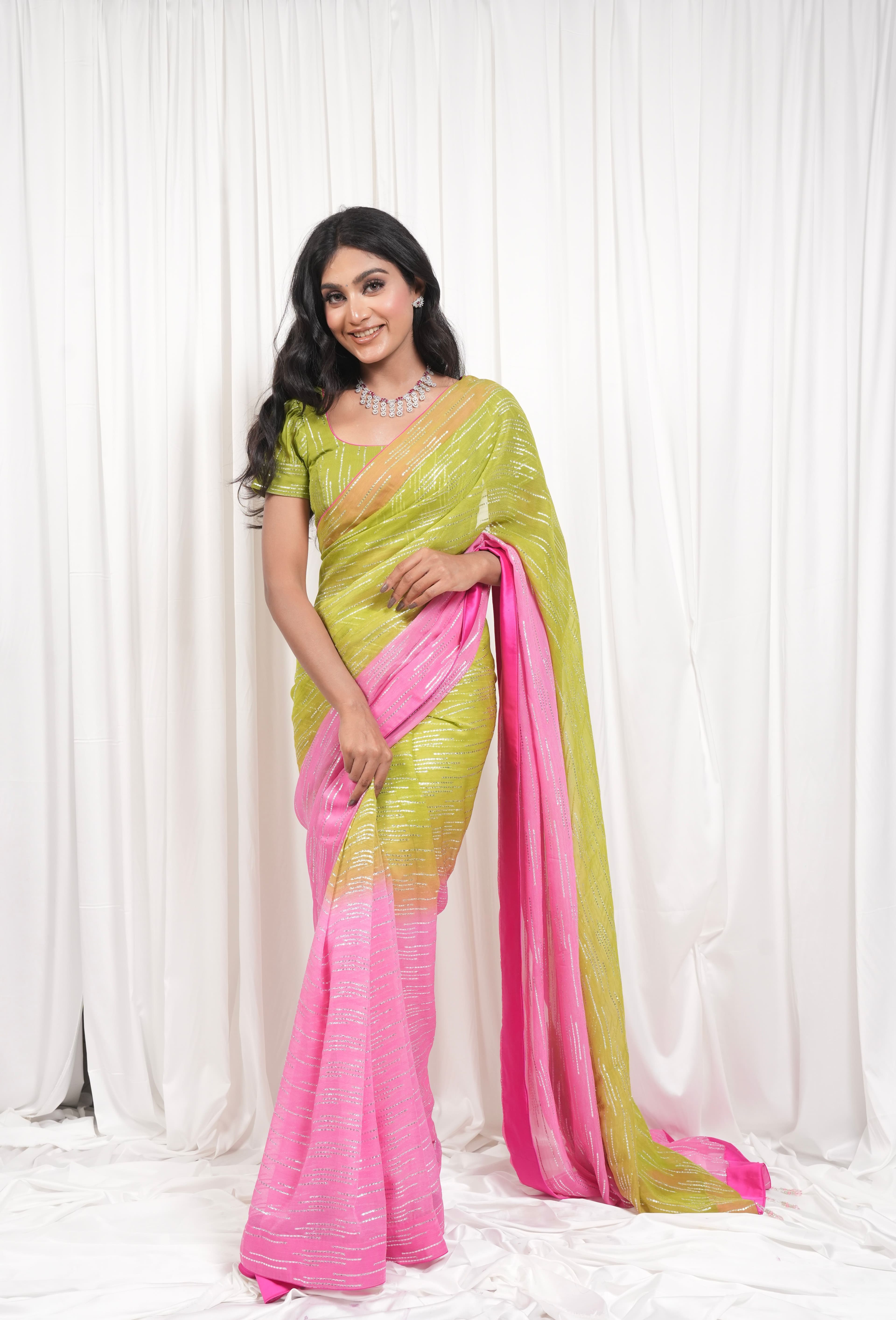 Pink & Green Shimmer Saree 6