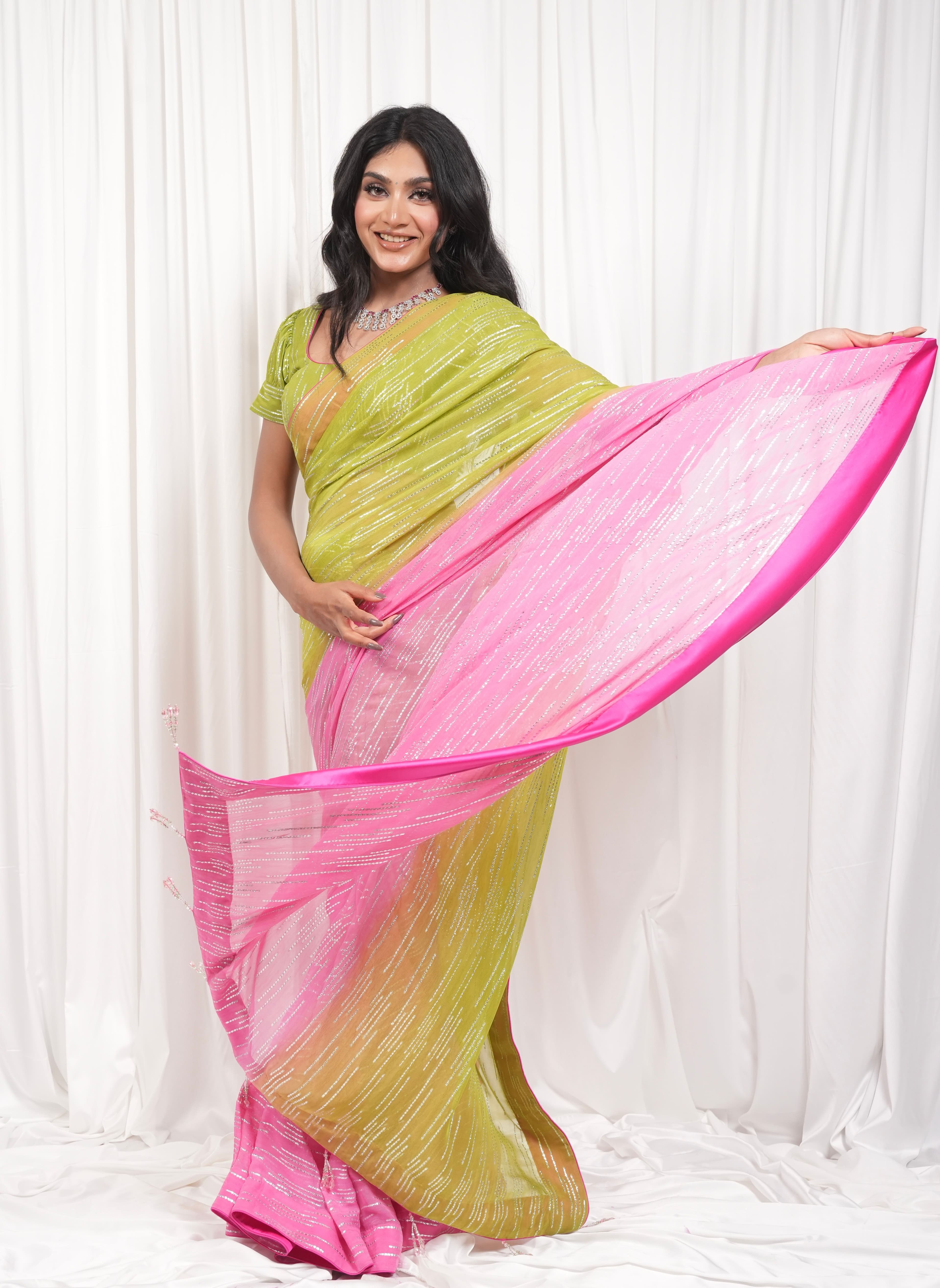Pink & Green Shimmer Saree 3