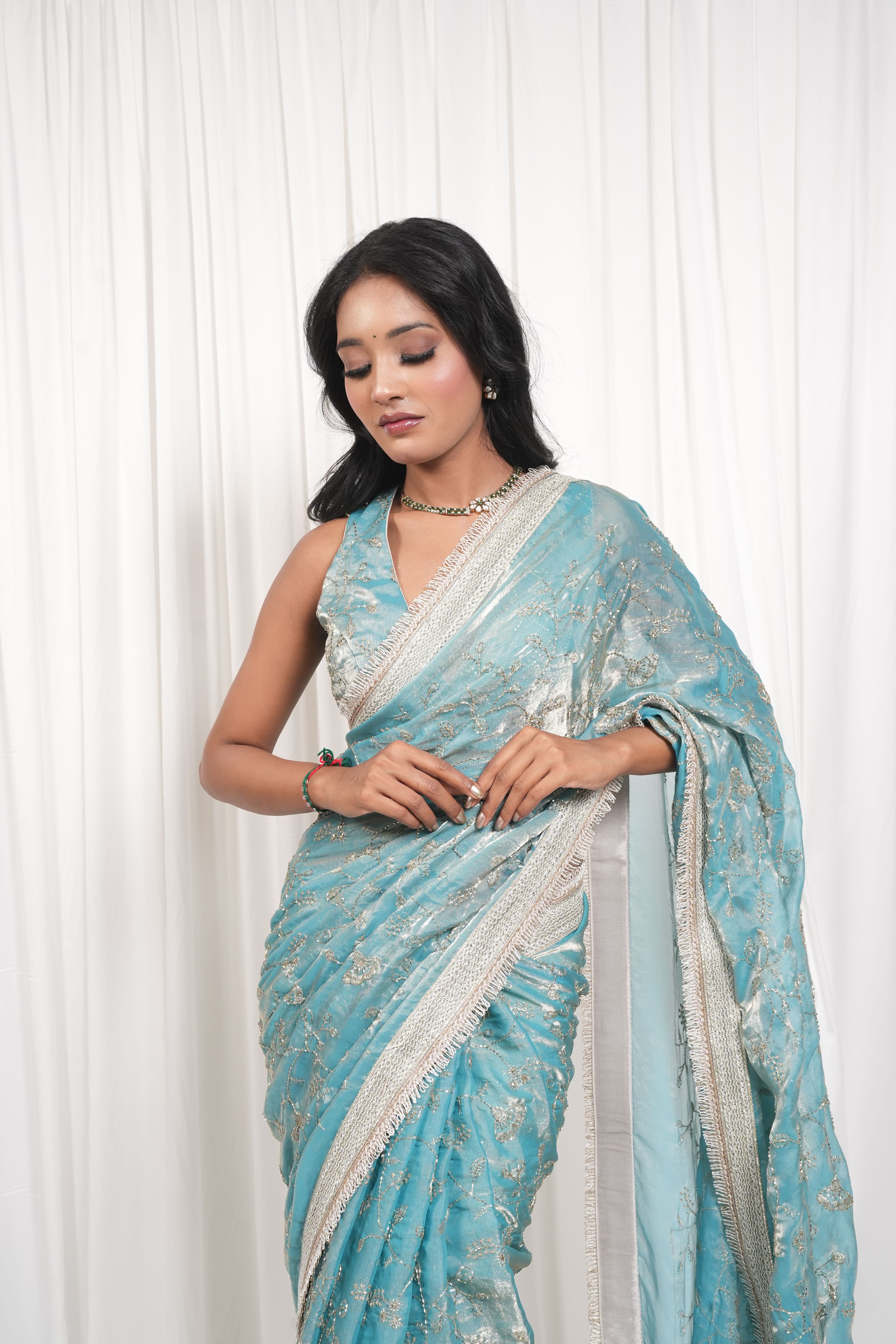 Firozi Golden Embellished Saree 5