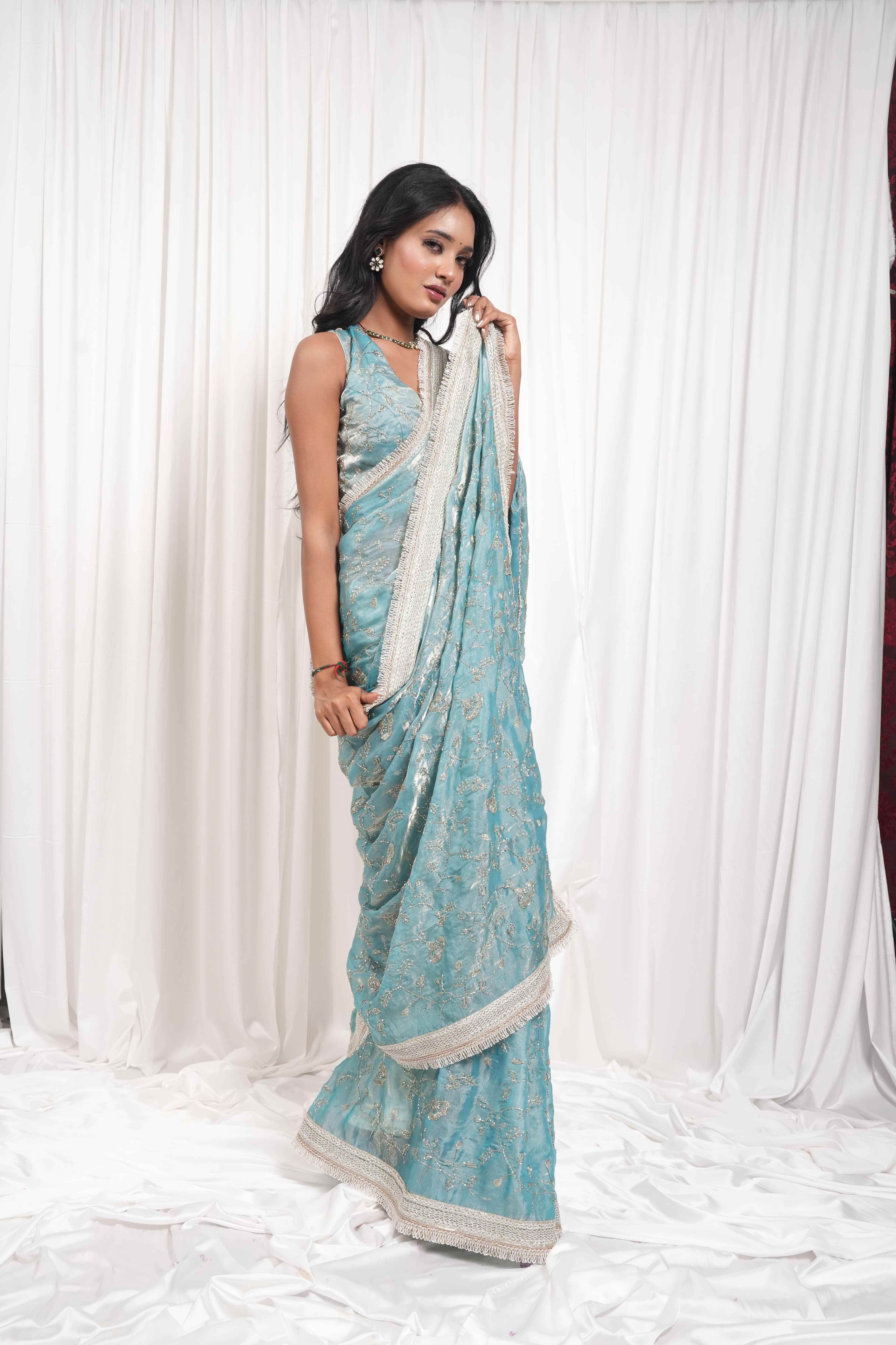 Firozi Golden Embellished Saree