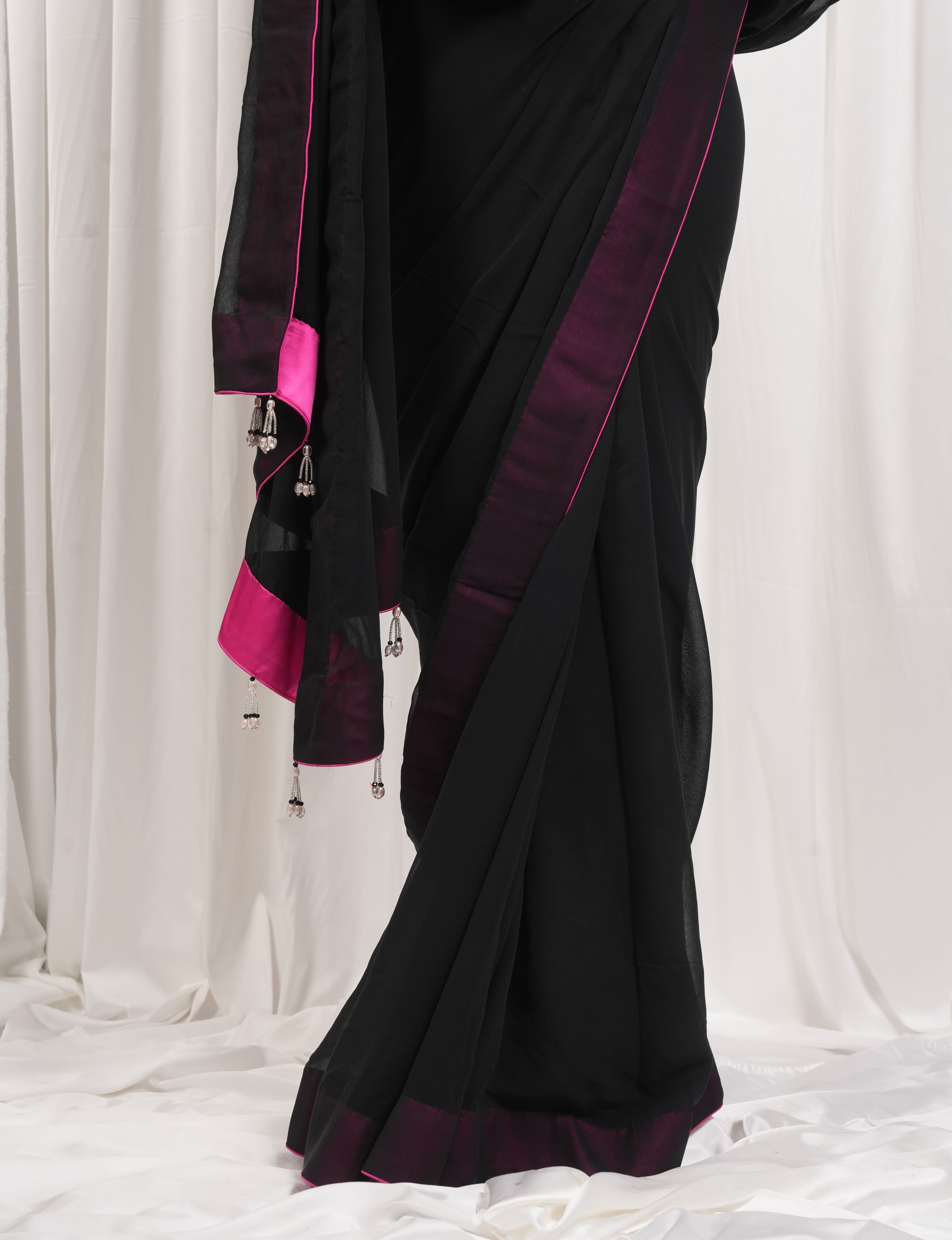Black Sheer Saree with Pink Border 4