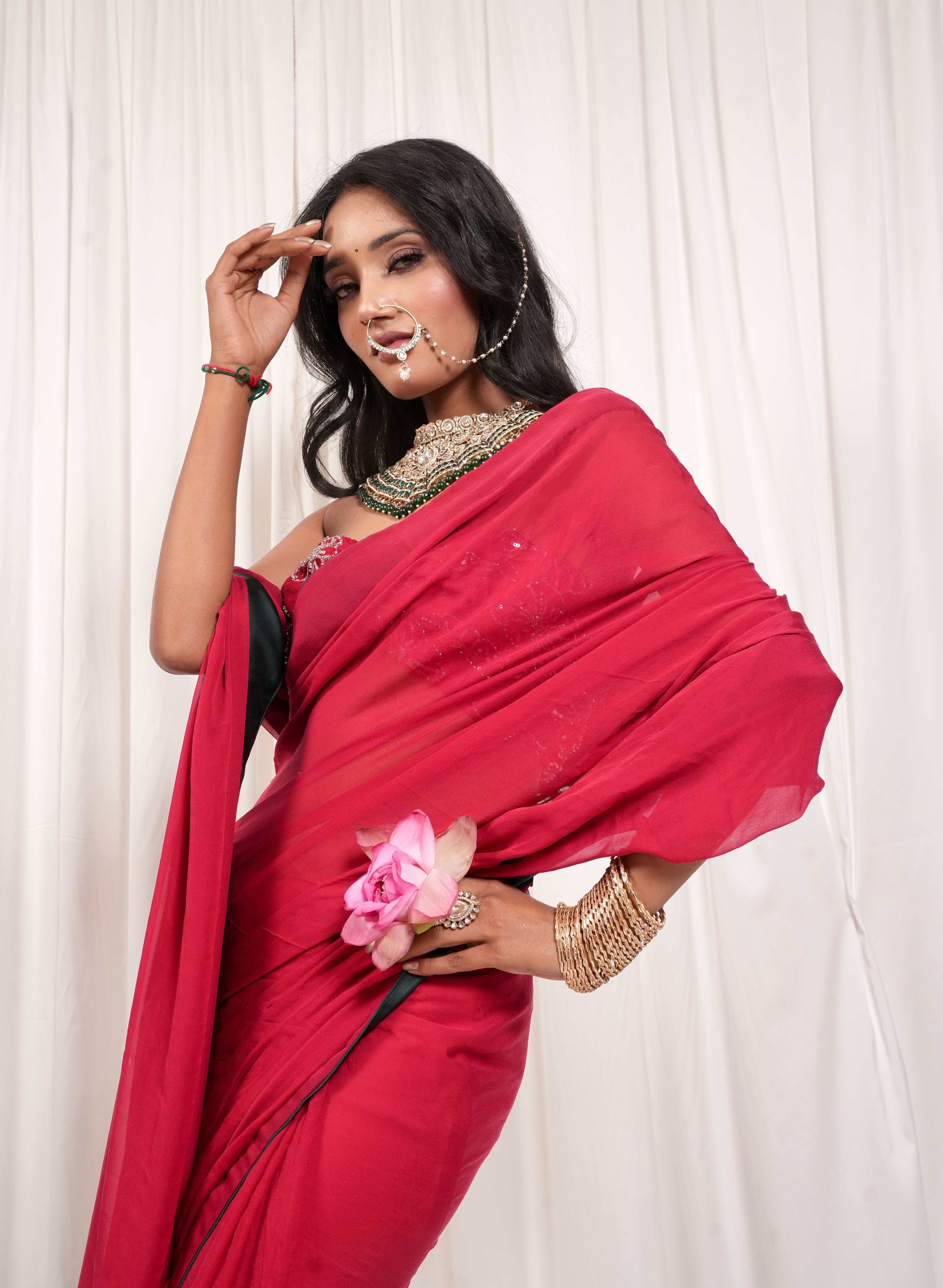 Red georgette embellished saree 3