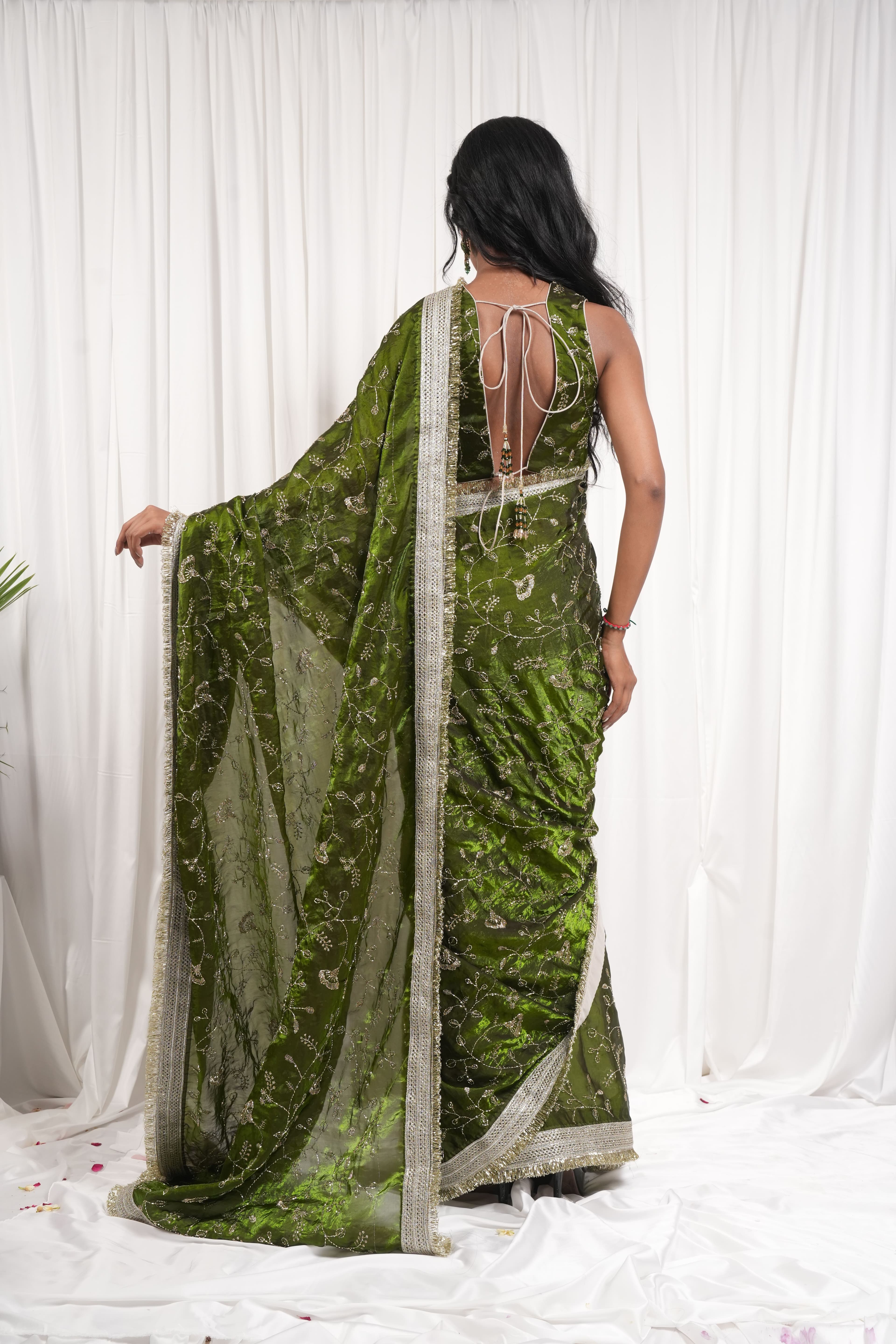 Sage Green Saree with Intricate Gold Botanical Embroidery 9