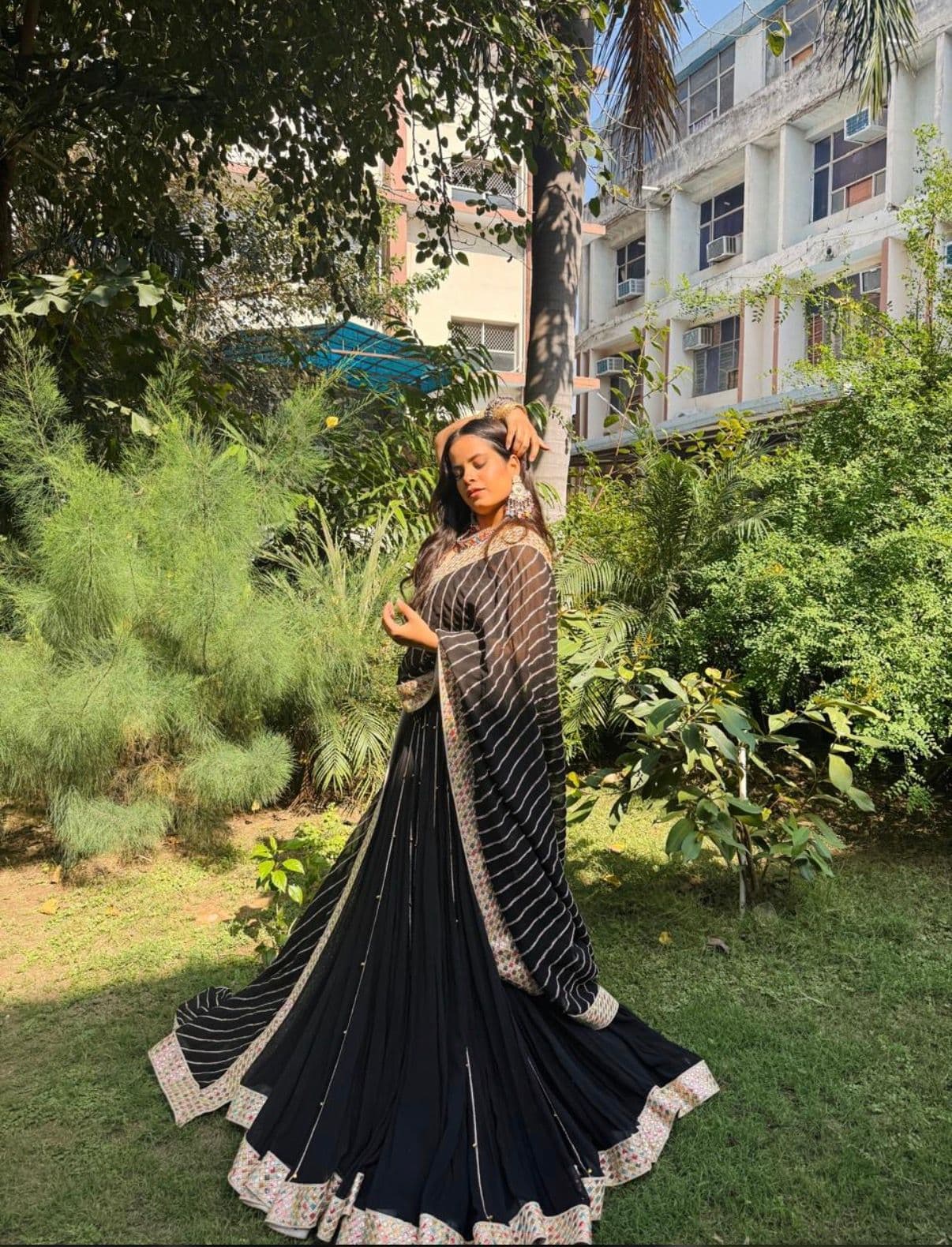 Black Embroidered Lehenga Choli with Striped Dupatta 3