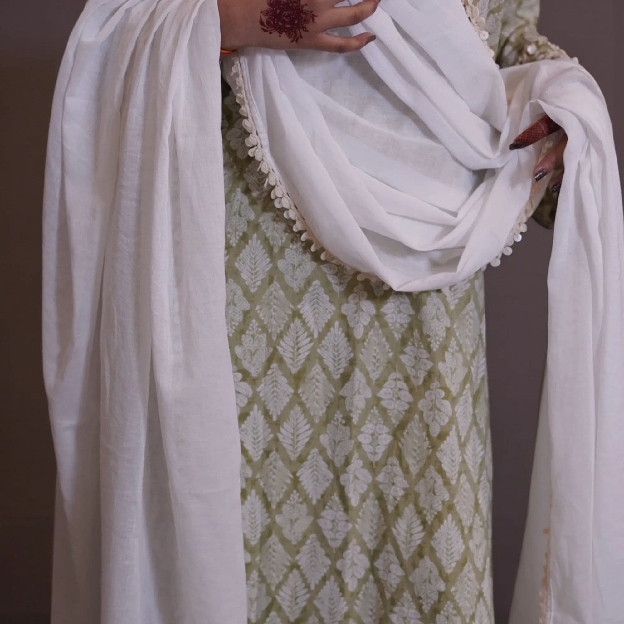 Cream and gold geometric patterned suit with white dupatta 9