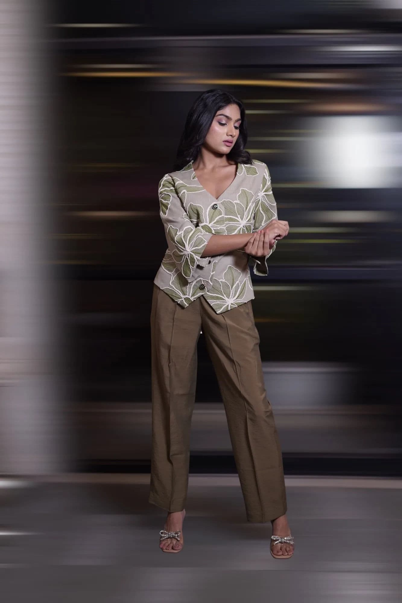 Cream leaf-embroidered top with olive trousers co-ord 3