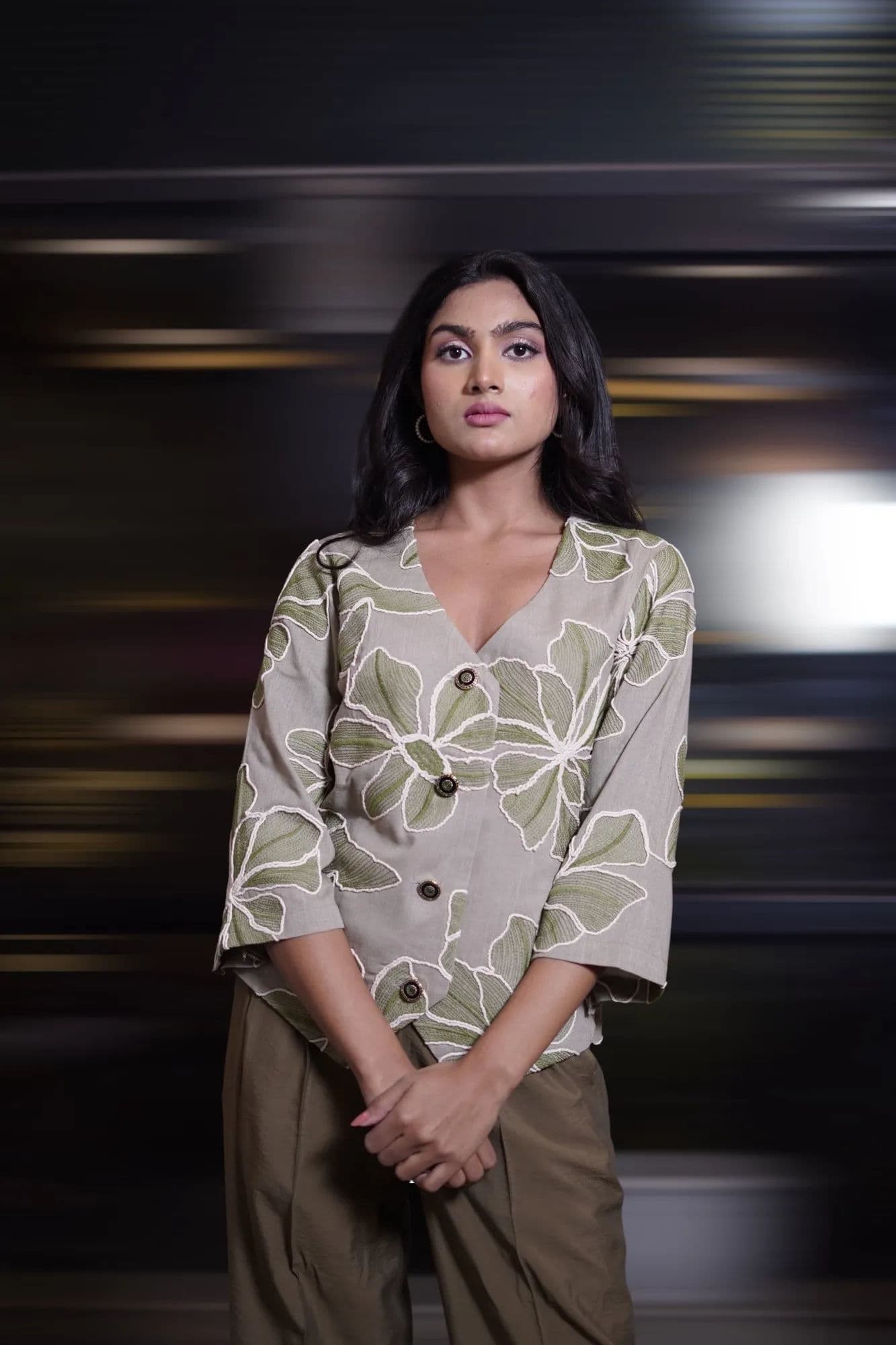 Cream leaf-embroidered top with olive trousers co-ord 6