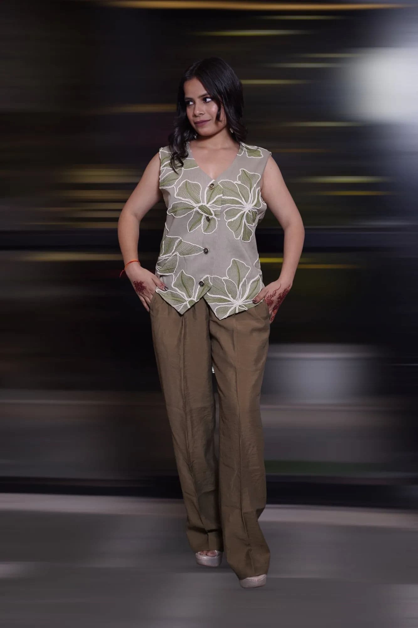 Cream leaf-embroidered top with olive trousers co-ord 8