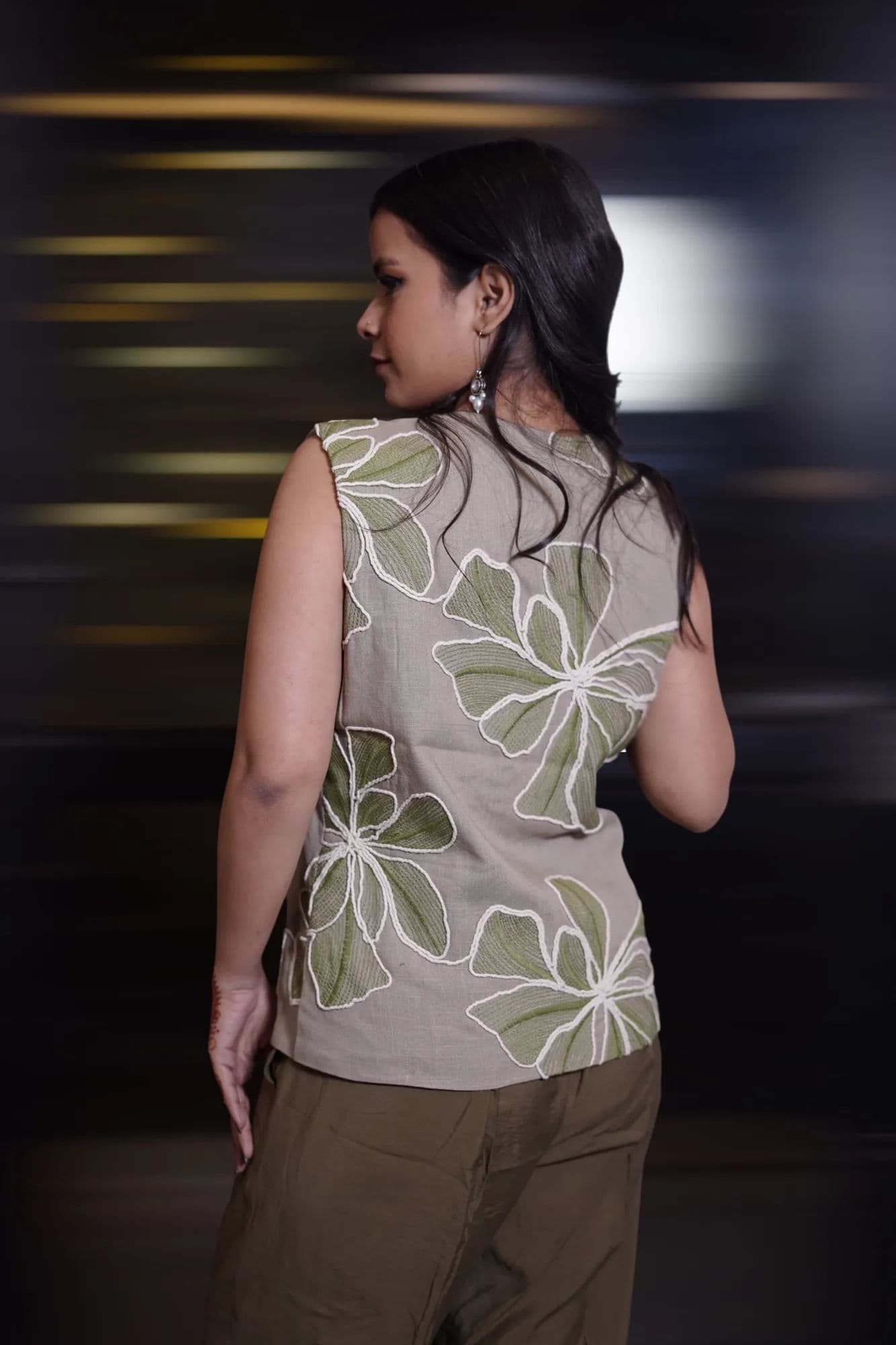 Cream leaf-embroidered top with olive trousers co-ord 11