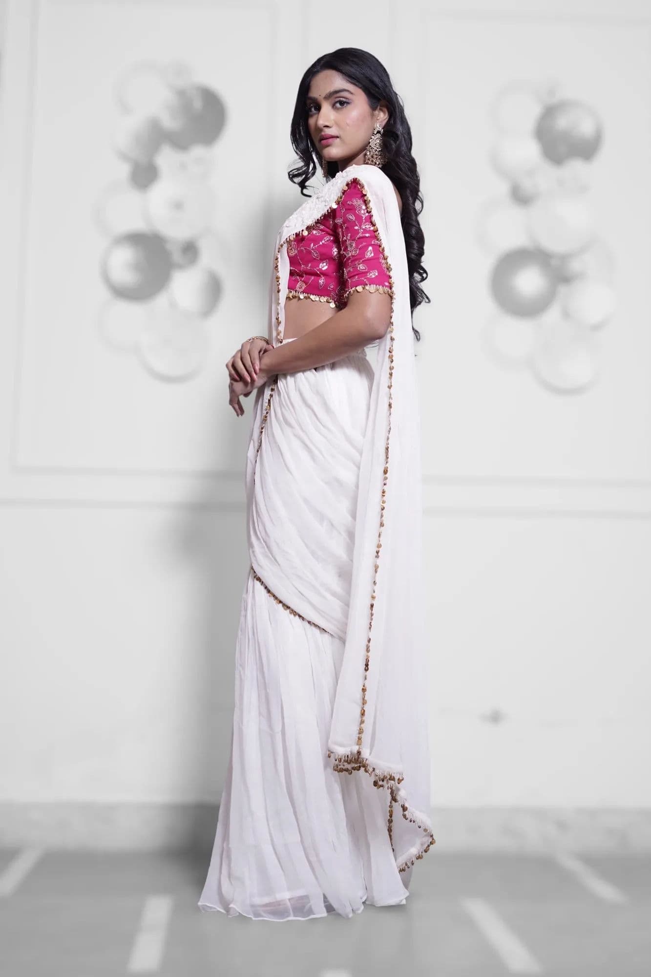 White saree with pink brocade blouse and beaded trim 2