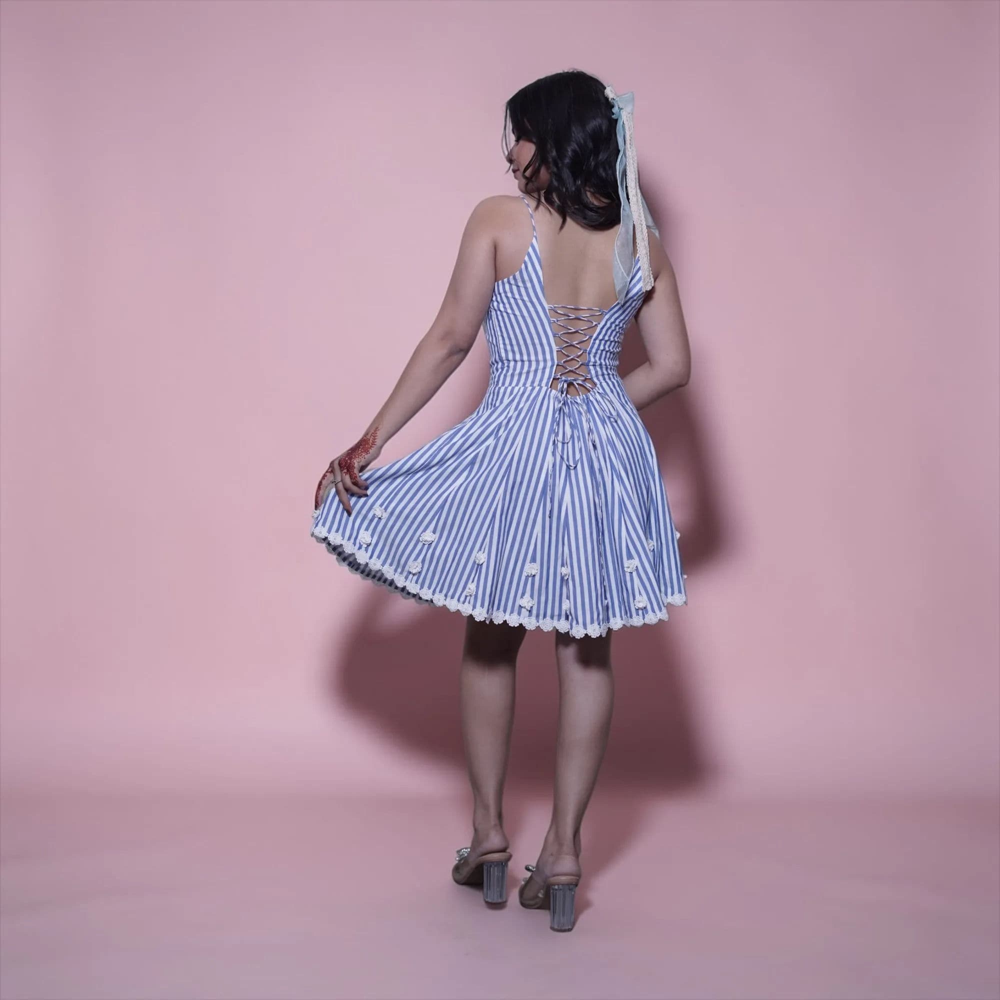 Blue and white striped fit-and-flare dress with lace trim 3