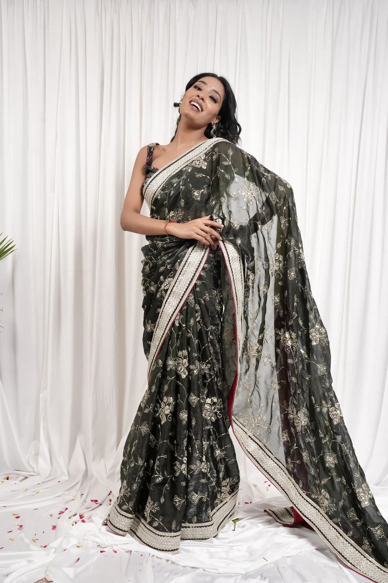 Dark Olive Saree with Light Floral Print and Cream Border 1