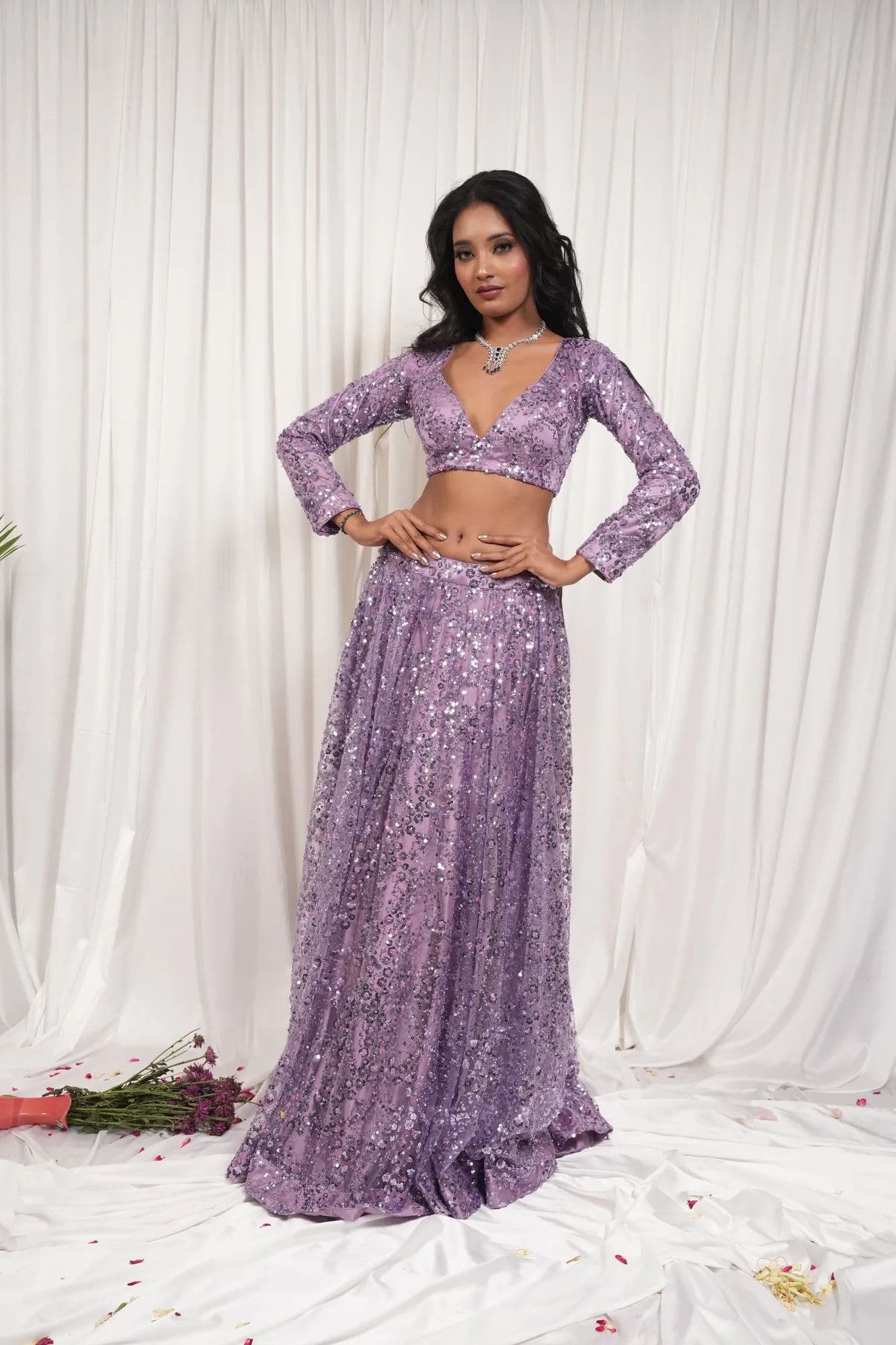 Lavender sequinned lehenga with full-length embellishment 6