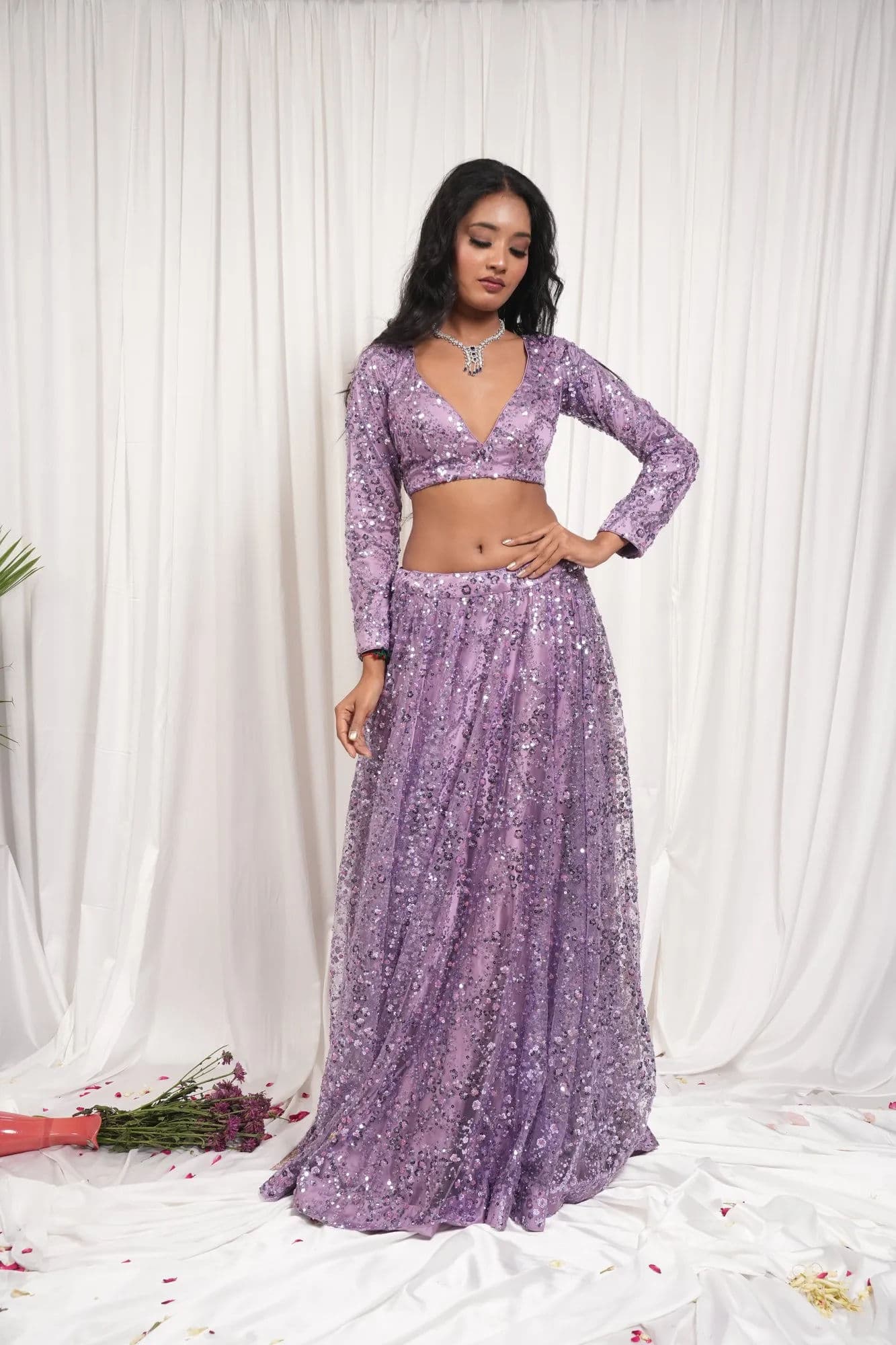 Lavender sequinned lehenga with full-length embellishment 7