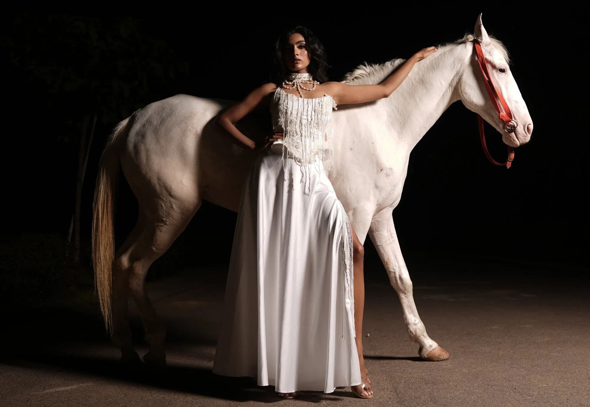 Cream fringed halter-neck evening gown 1