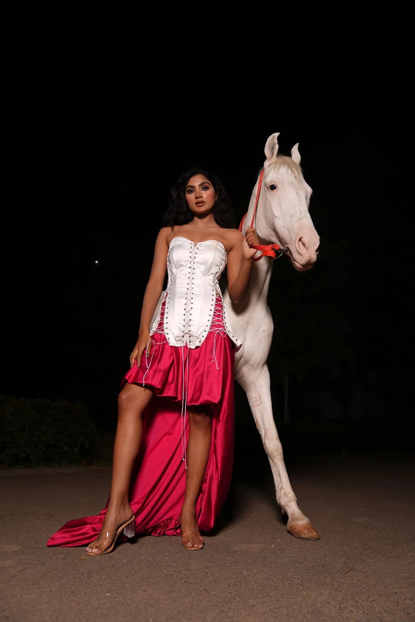 Hot pink short dress with white embroidered corset blouse 5