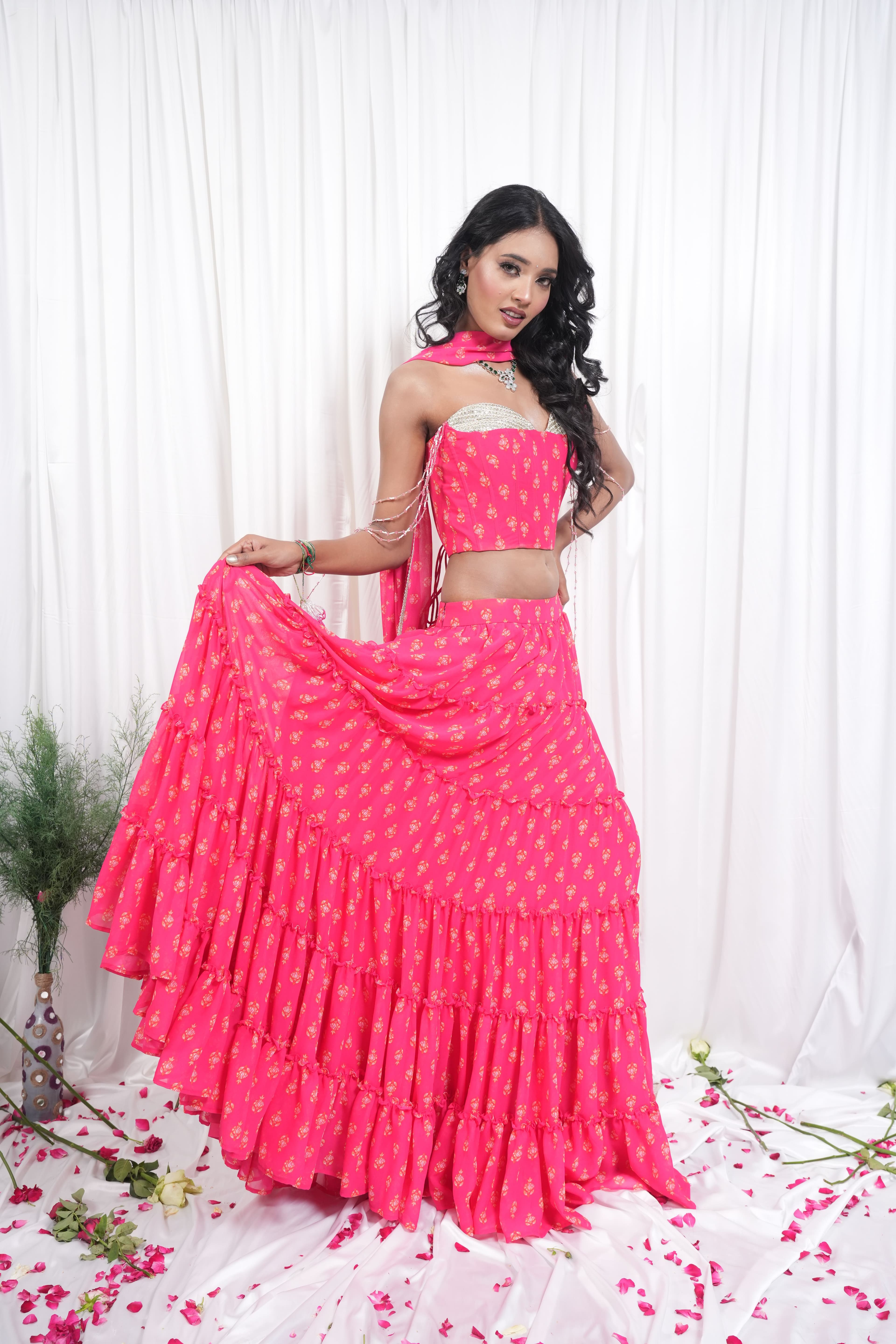 Pink Floral Printed Lehenga & Crop Top Set
